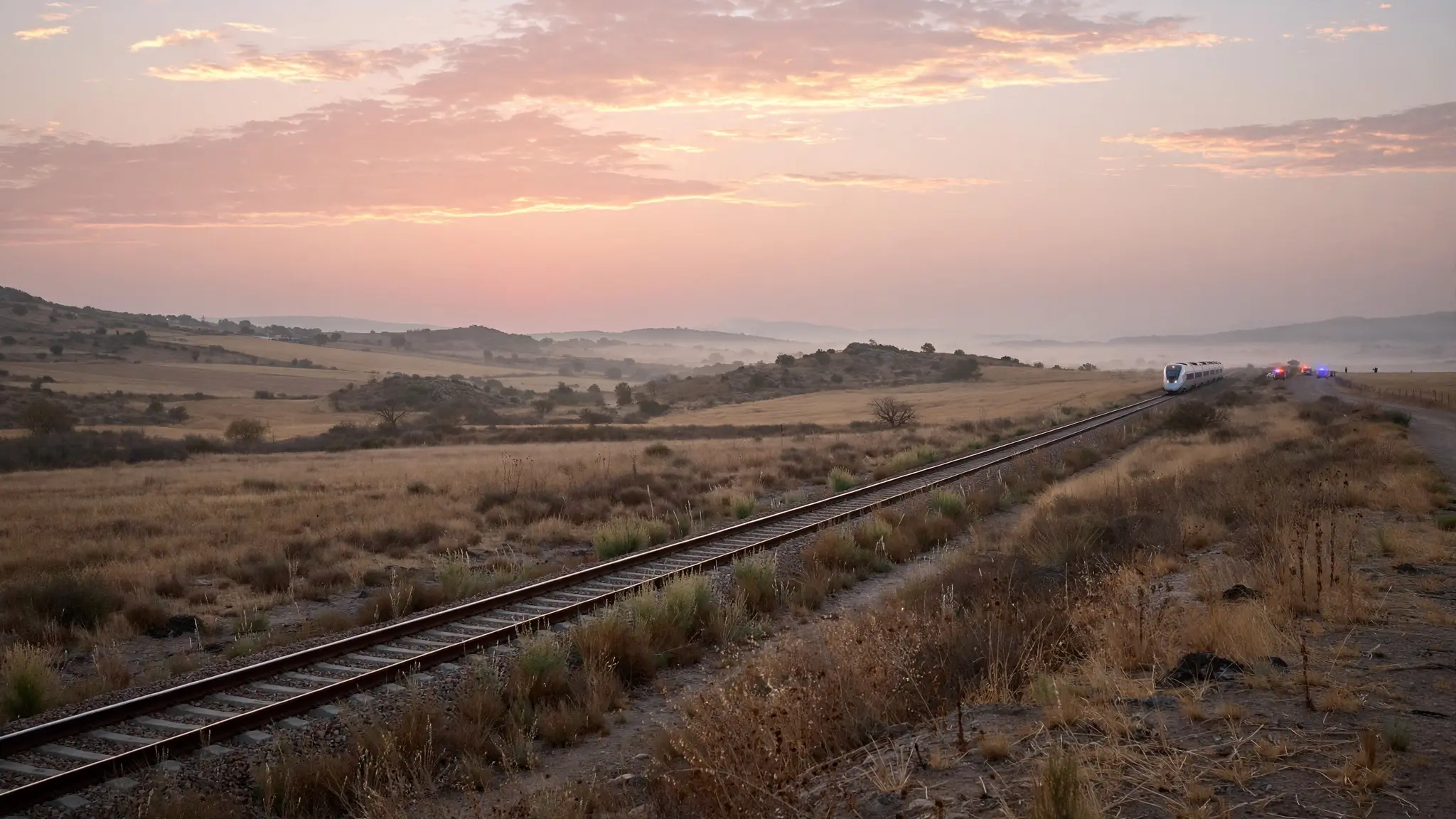 A quiet railway line through dry countryside in central Spain at dawn, with emergency lights in the far distance