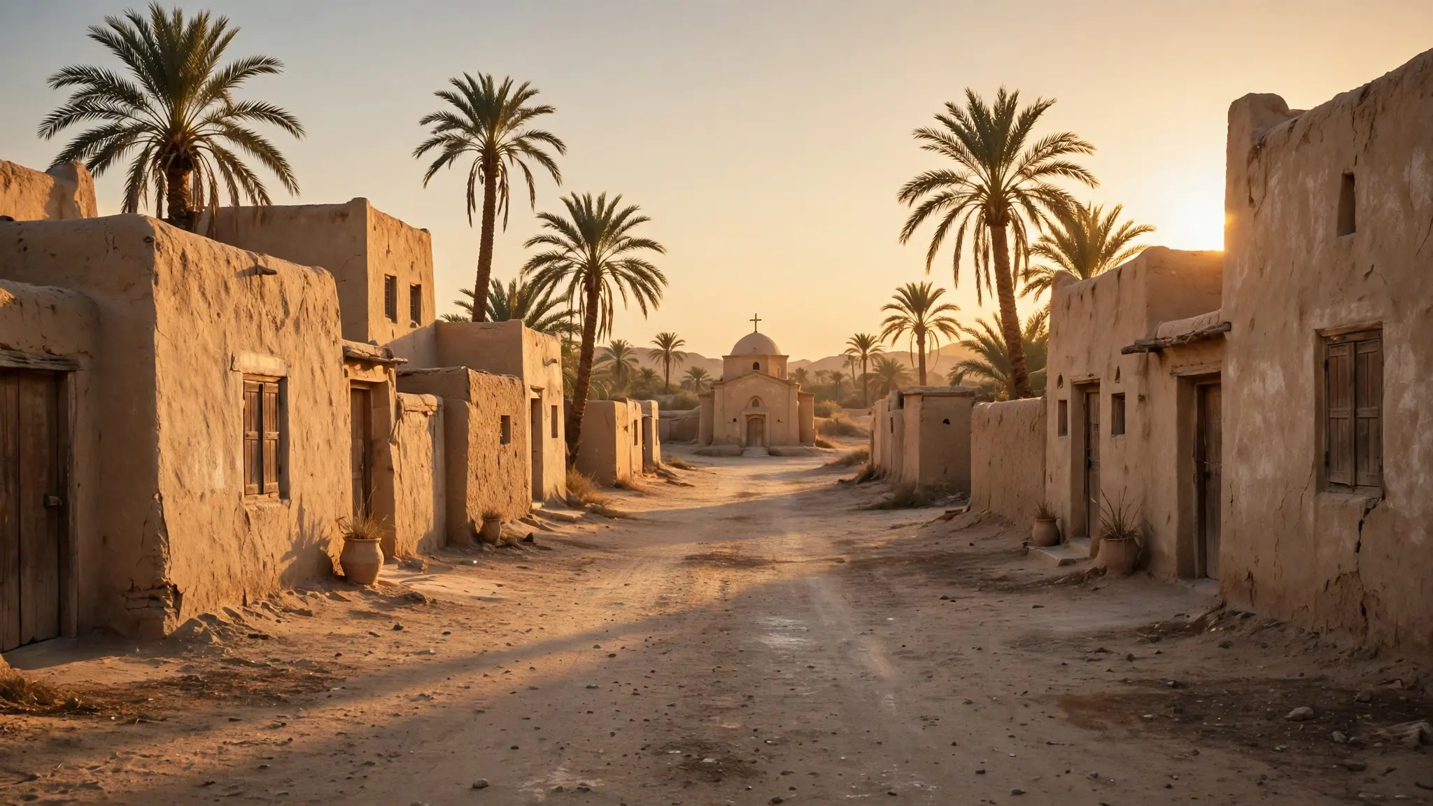 An ancient Coptic church interior in Egypt at dawn, with golden candlelight and quiet rows of empty pews