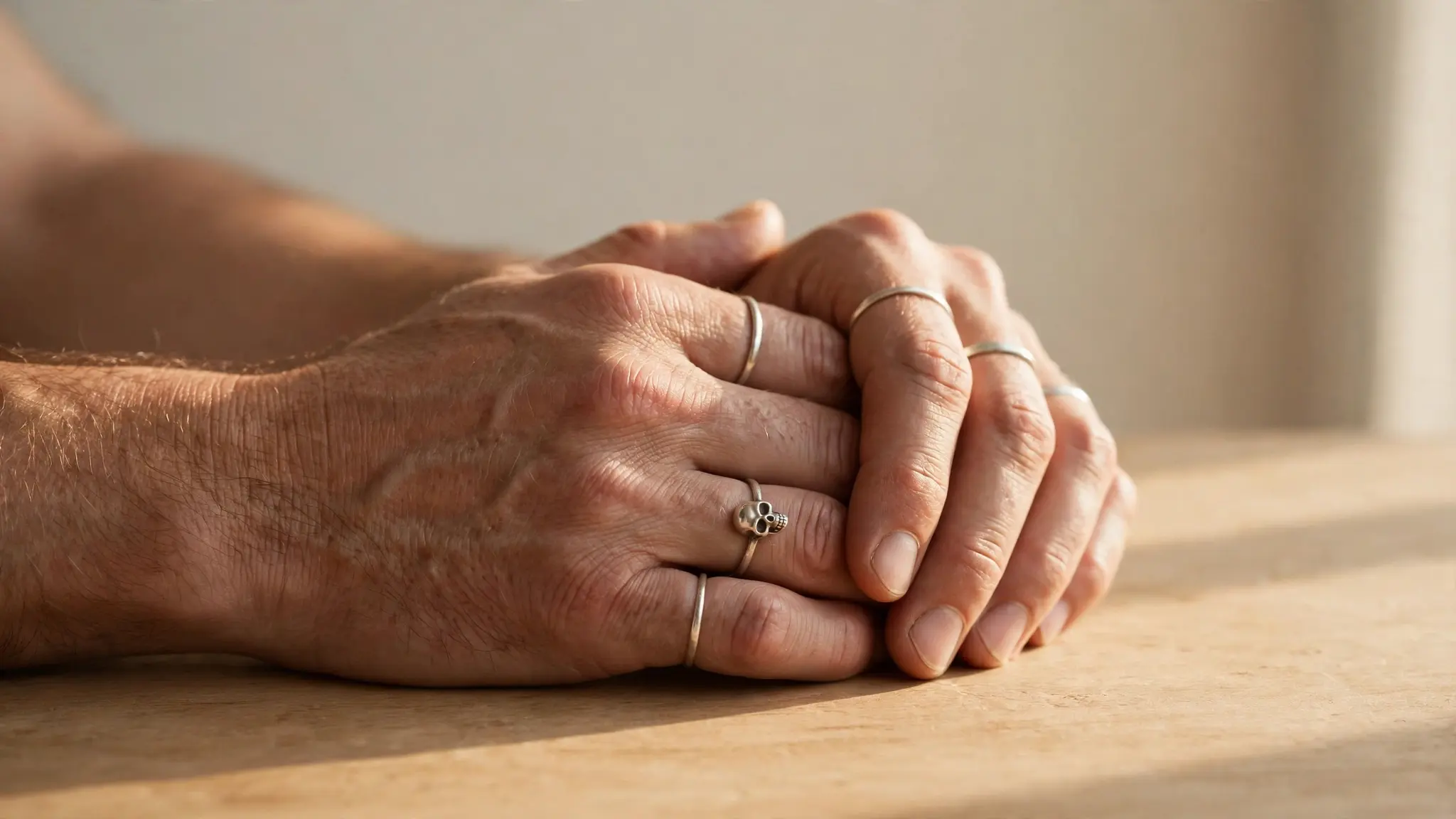 A man's hands wearing several silver rings, one with a small skull, resting together in soft light