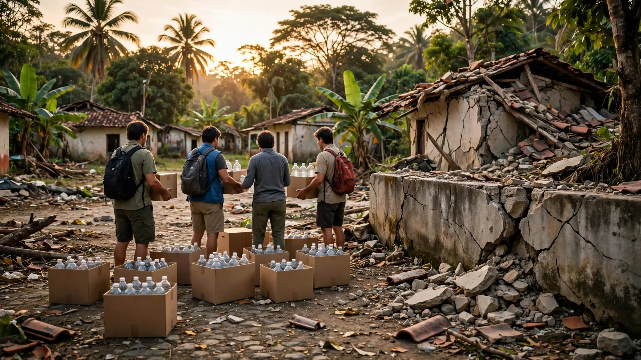 Voluntarios de ayuda vistos desde atrás pasando cajas de alimentos junto a una casa dañada por el terremoto en un pueblo de Panamá al atardecer, sin rostros visibles