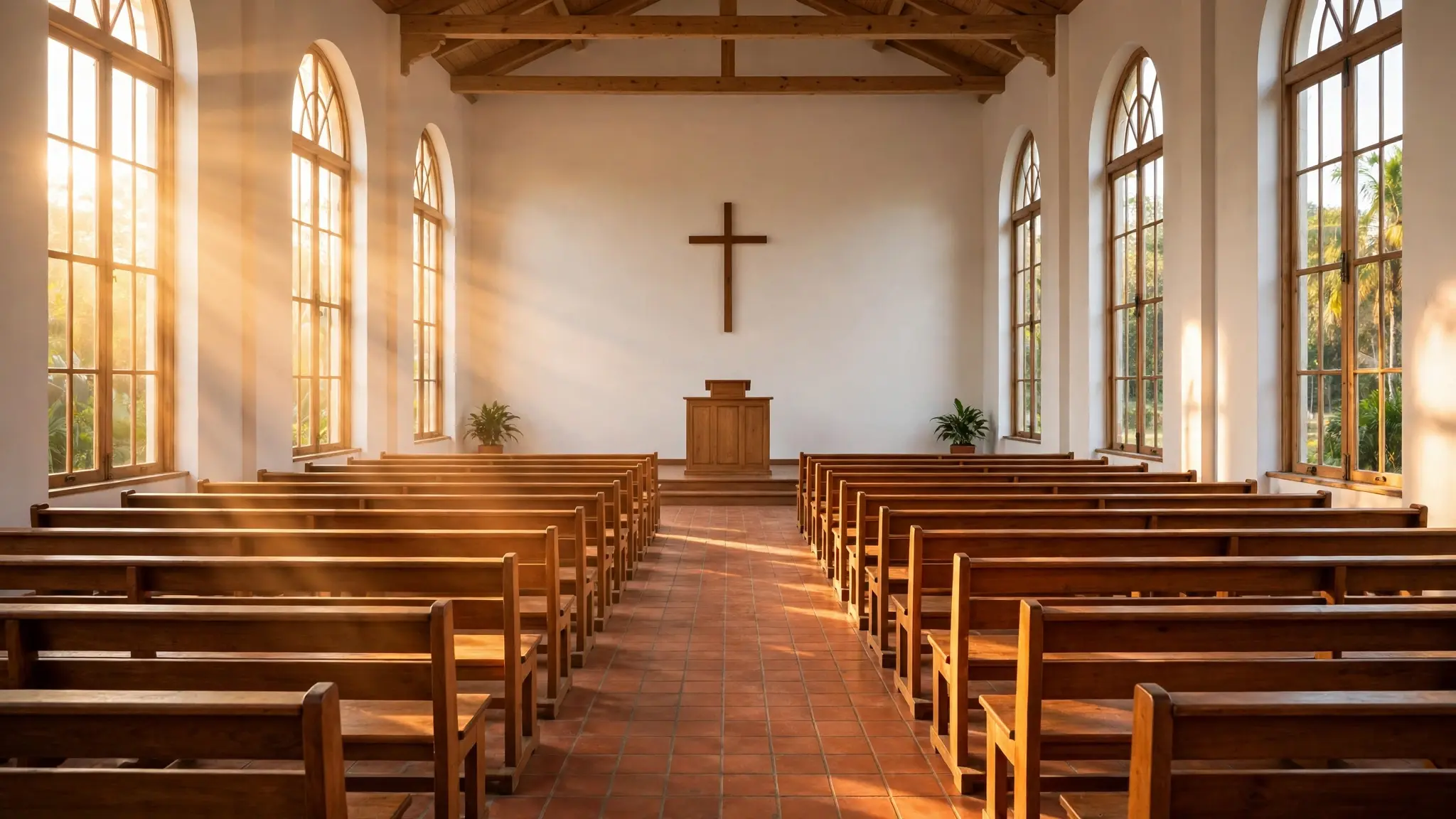 Interior vazio de uma igreja evangélica no Brasil, com bancos de madeira e luz quente entrando pelas janelas altas, sem pessoas