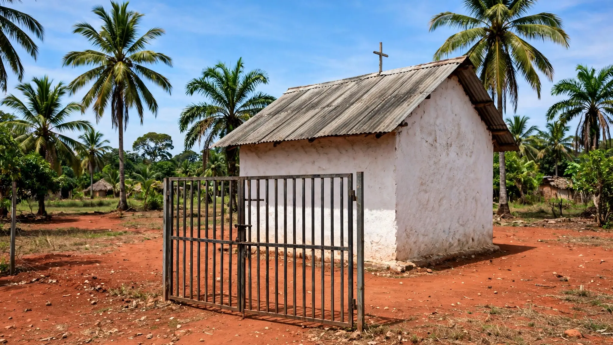 Une église des Assemblées de Dieu à Danané en Côte d'Ivoire, porte fermée dans la lumière du jour, sans personne identifiable