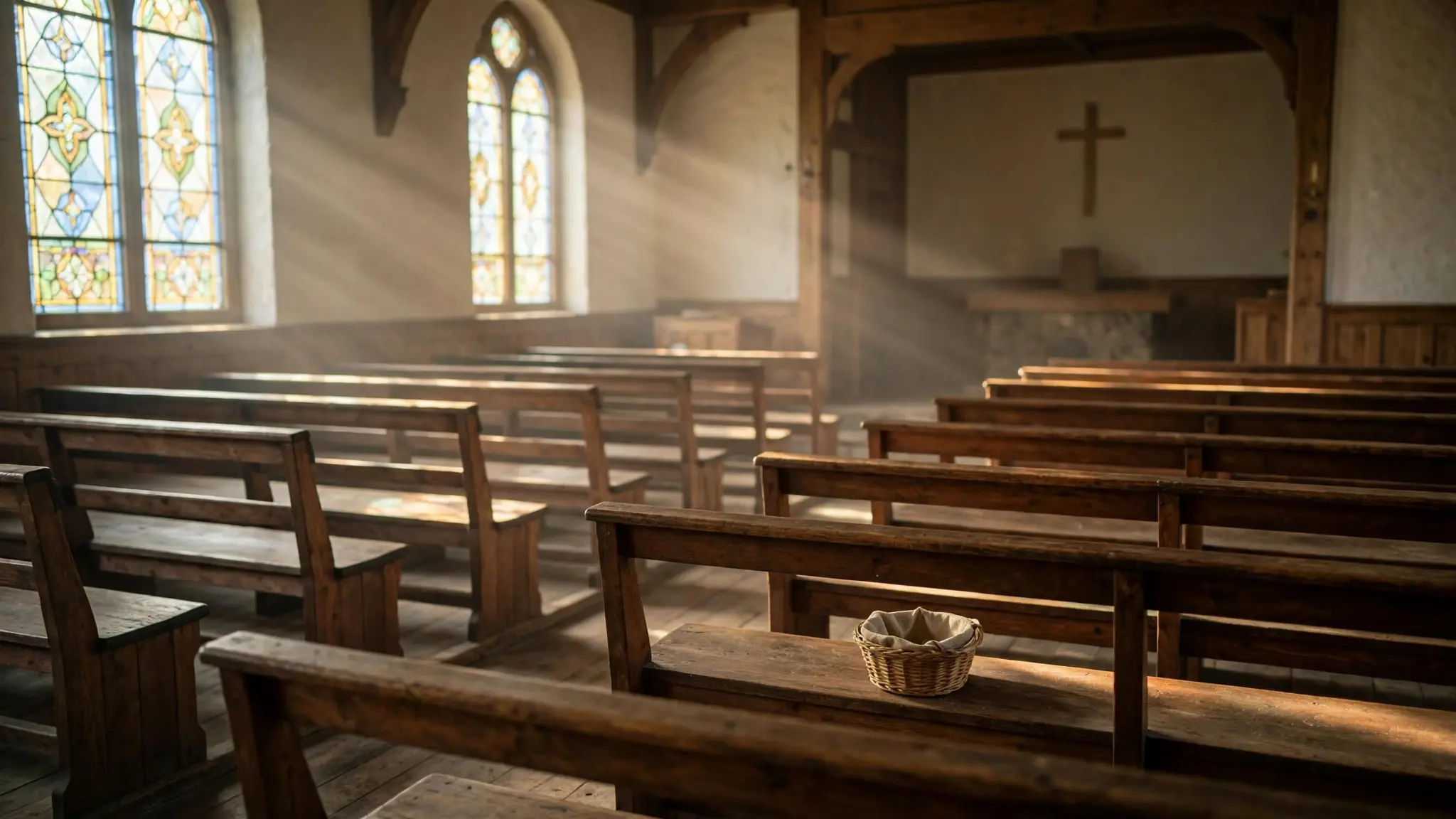 Empty wooden church pews in soft morning light with a small offering basket on a pew