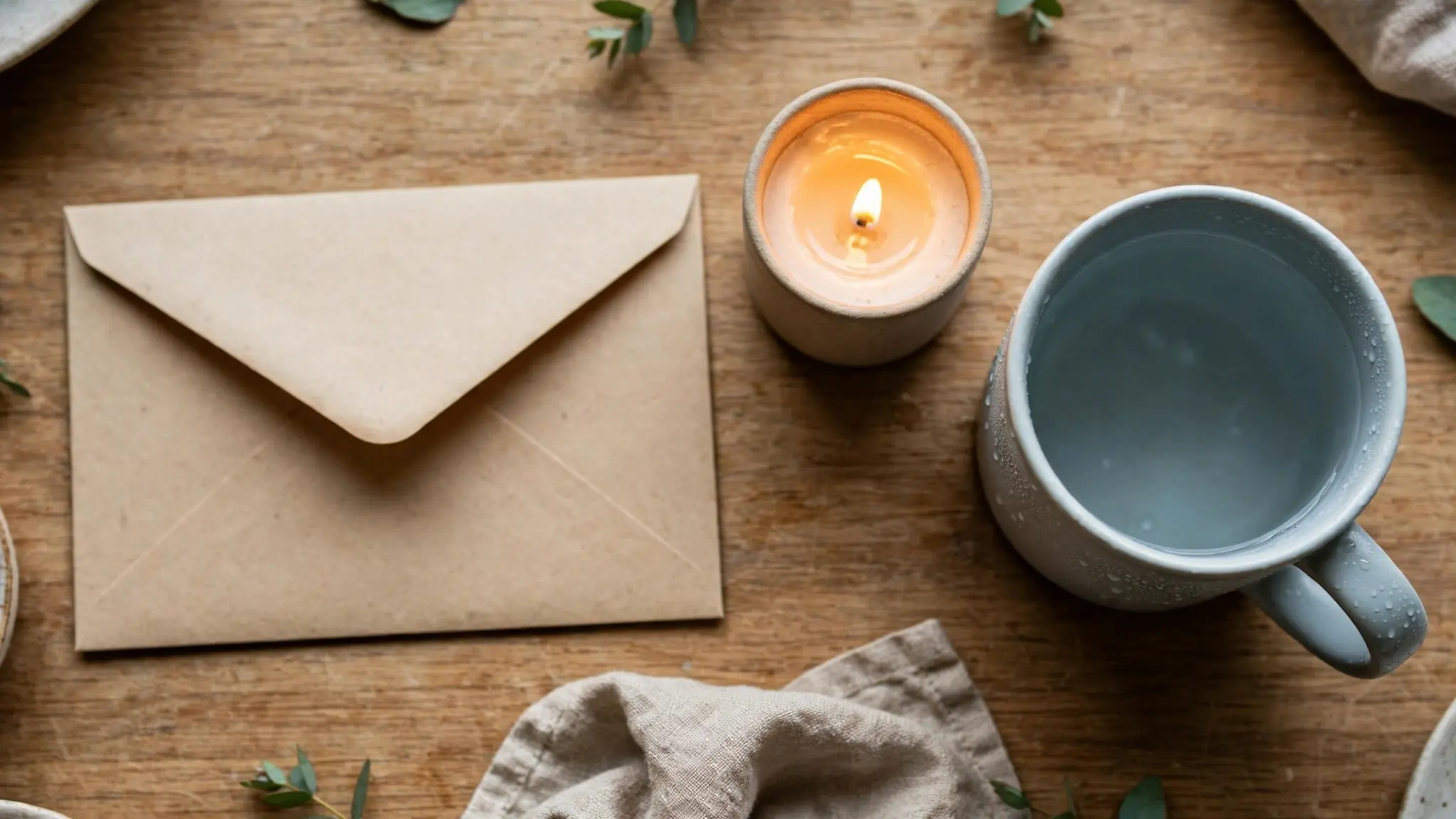 A kitchen table seen from above with an unopened envelope and a single lit candle beside a cold mug