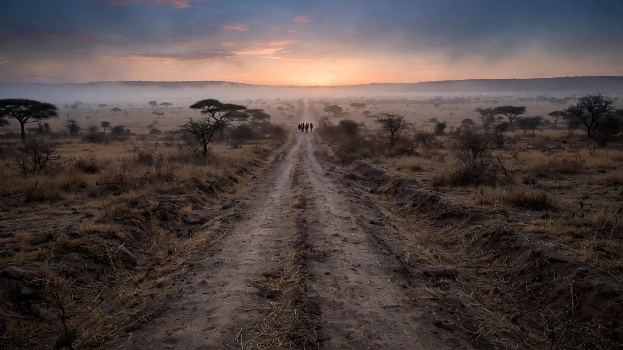 A long dirt road through dry African savanna at dawn with a small distant group walking away from camera