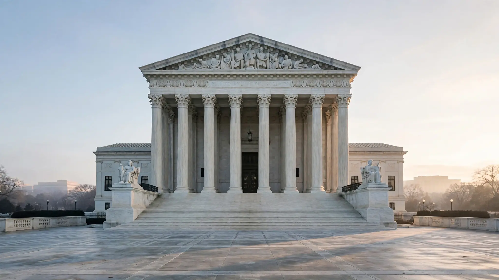 The white marble steps and columns of the U.S. Supreme Court building in early morning light with an empty plaza
