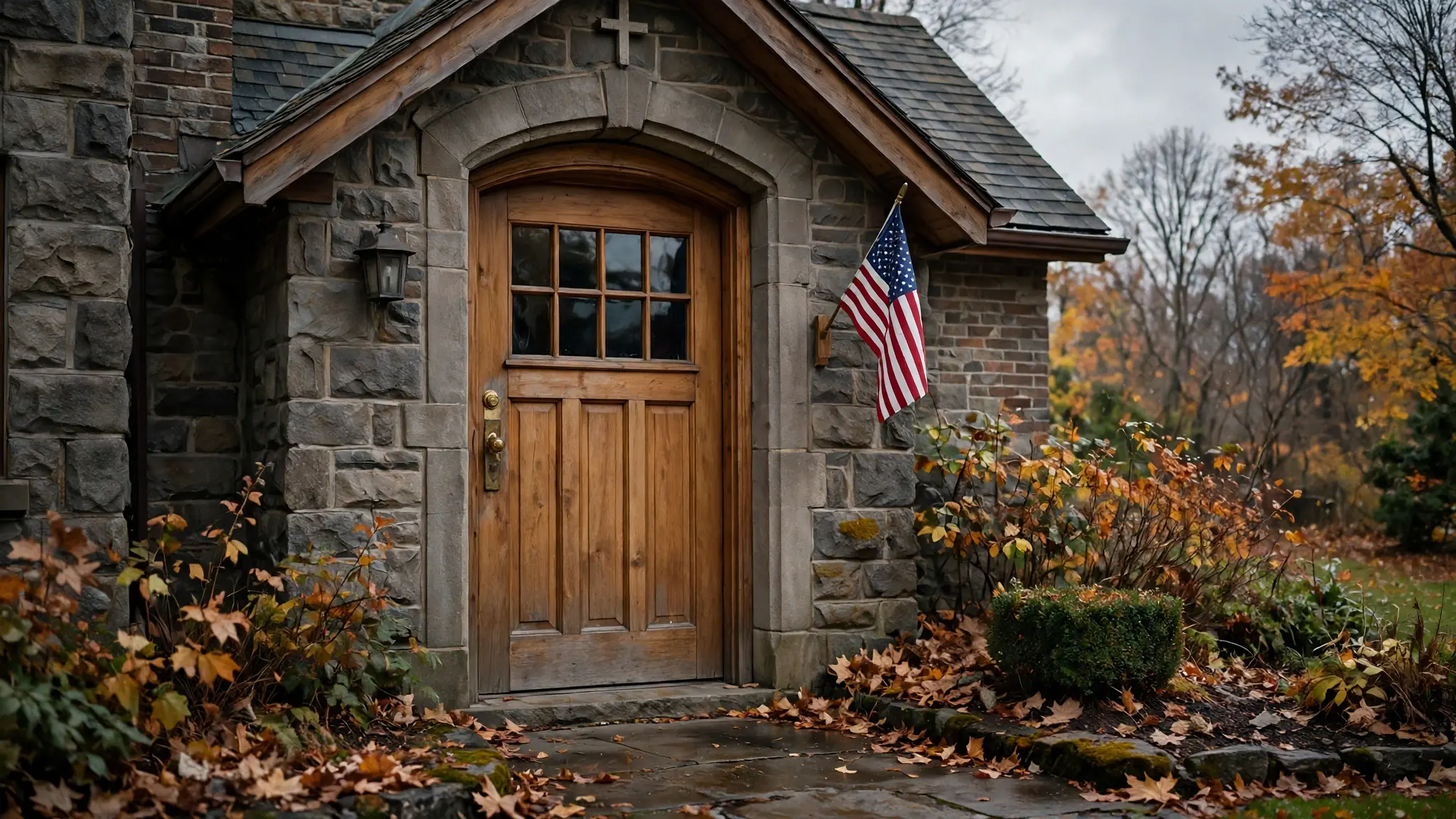 A quiet suburban church entrance with a wooden door and a small American flag beside it under a grey autumn sky