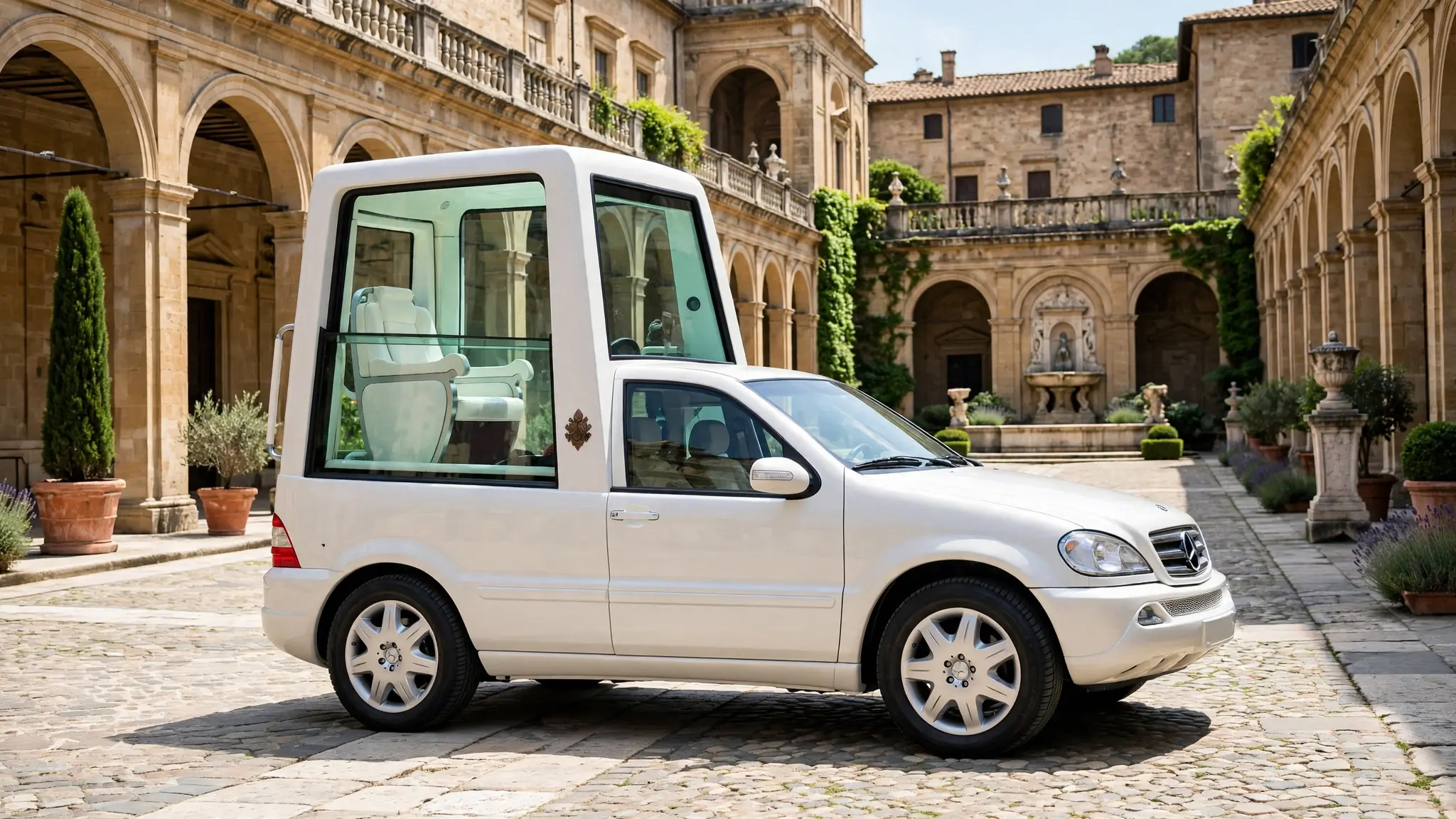 A white popemobile with a raised glass cabin standing in a sunlit palace courtyard, with no people visible