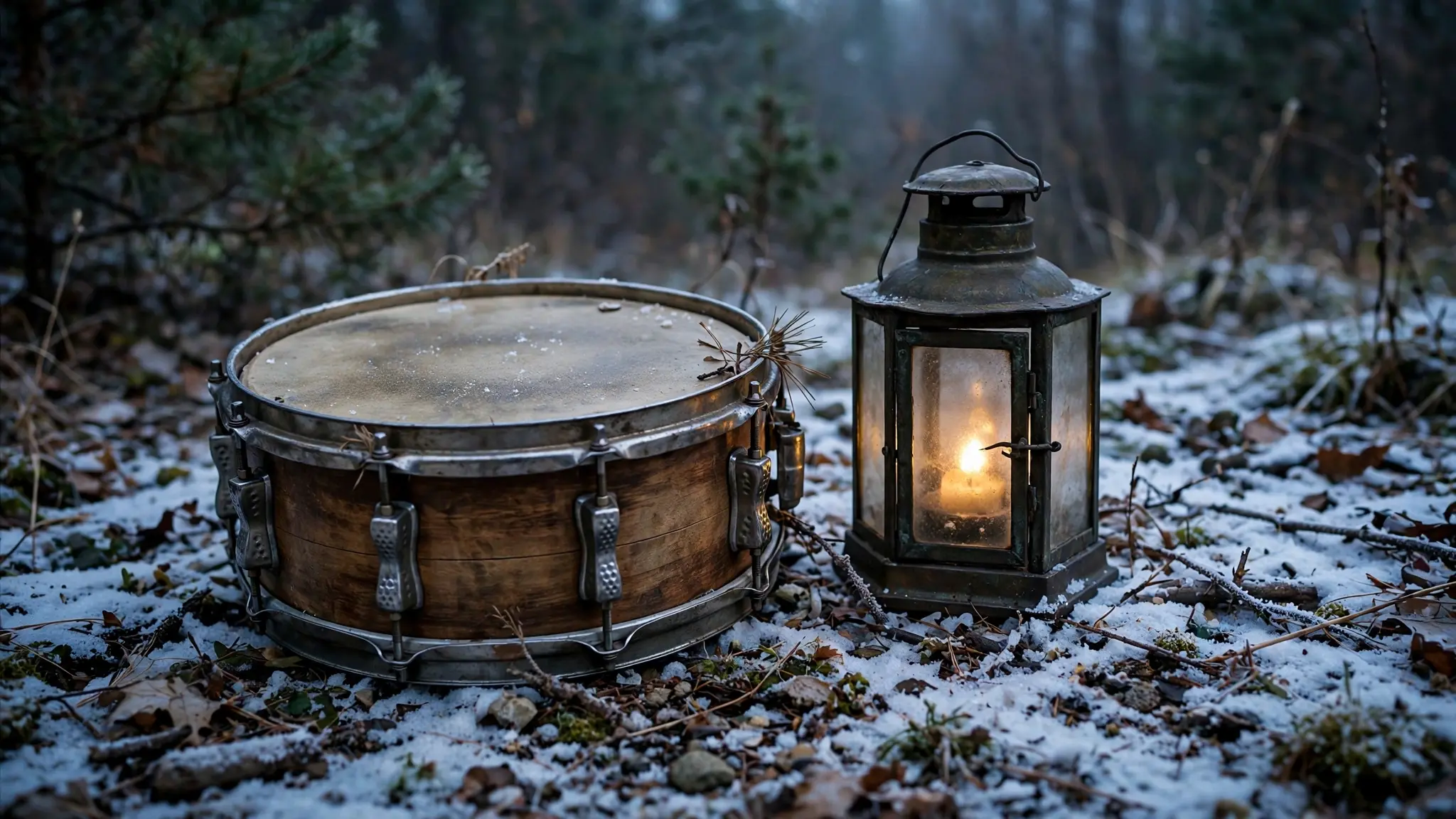 A lone snare drum resting on snow-dusted ground beside a colonial-era lantern at dusk
