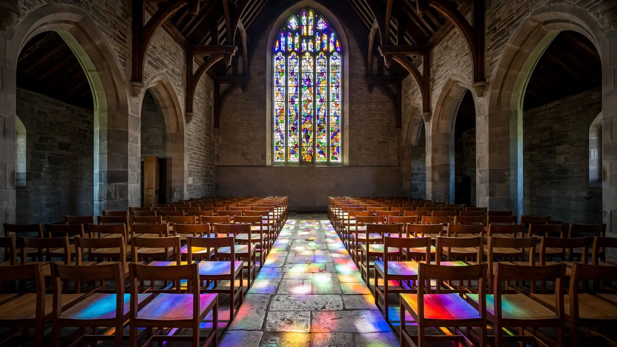 An empty university chapel interior with rows of wooden chairs and coloured light falling through a tall window