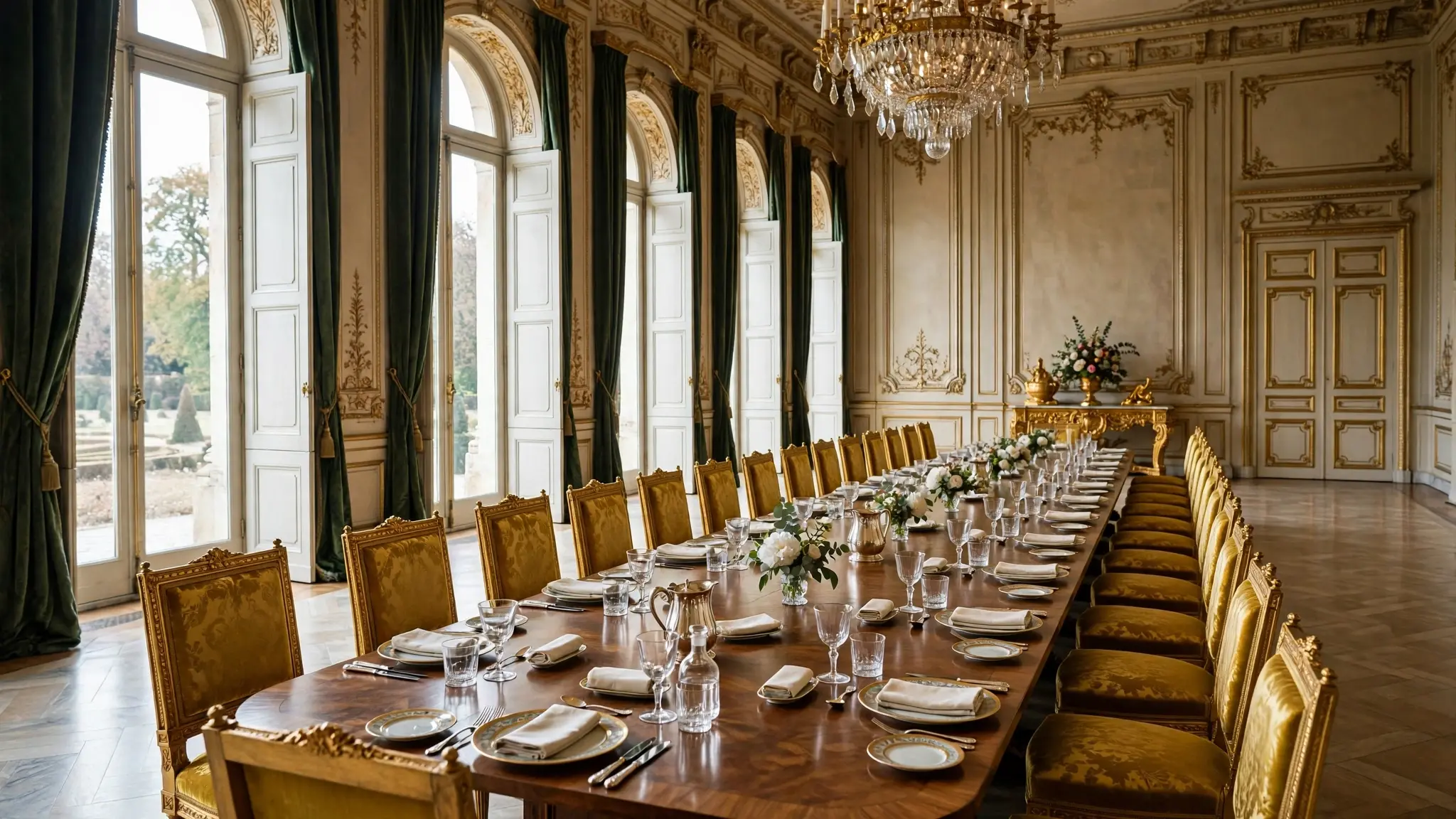 A formal palace reception room with tall windows, gilded chairs and a long table set for a meeting, empty of people