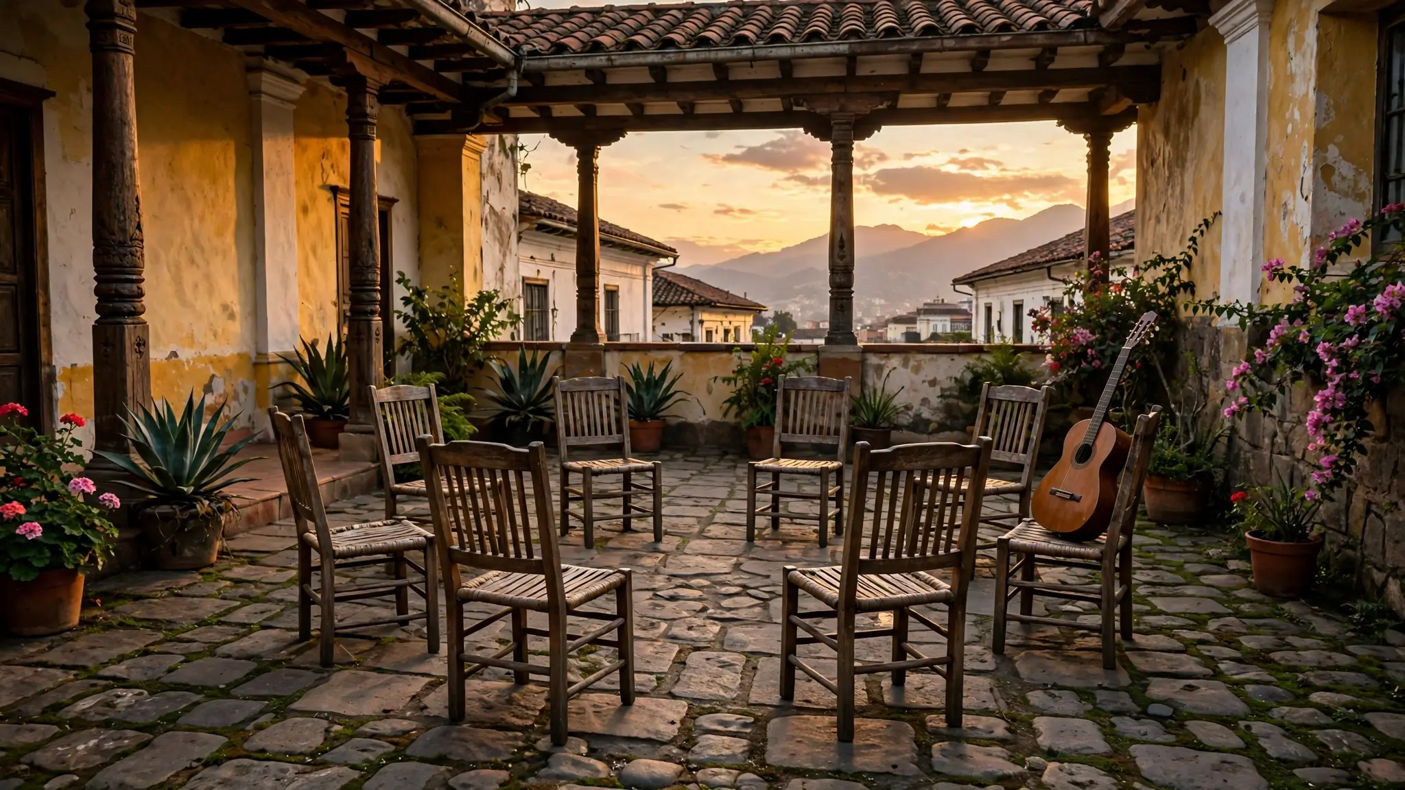 Patio colonial vacío en Bogotá al atardecer, con sillas en círculo y una guitarra apoyada en una silla, sin personas