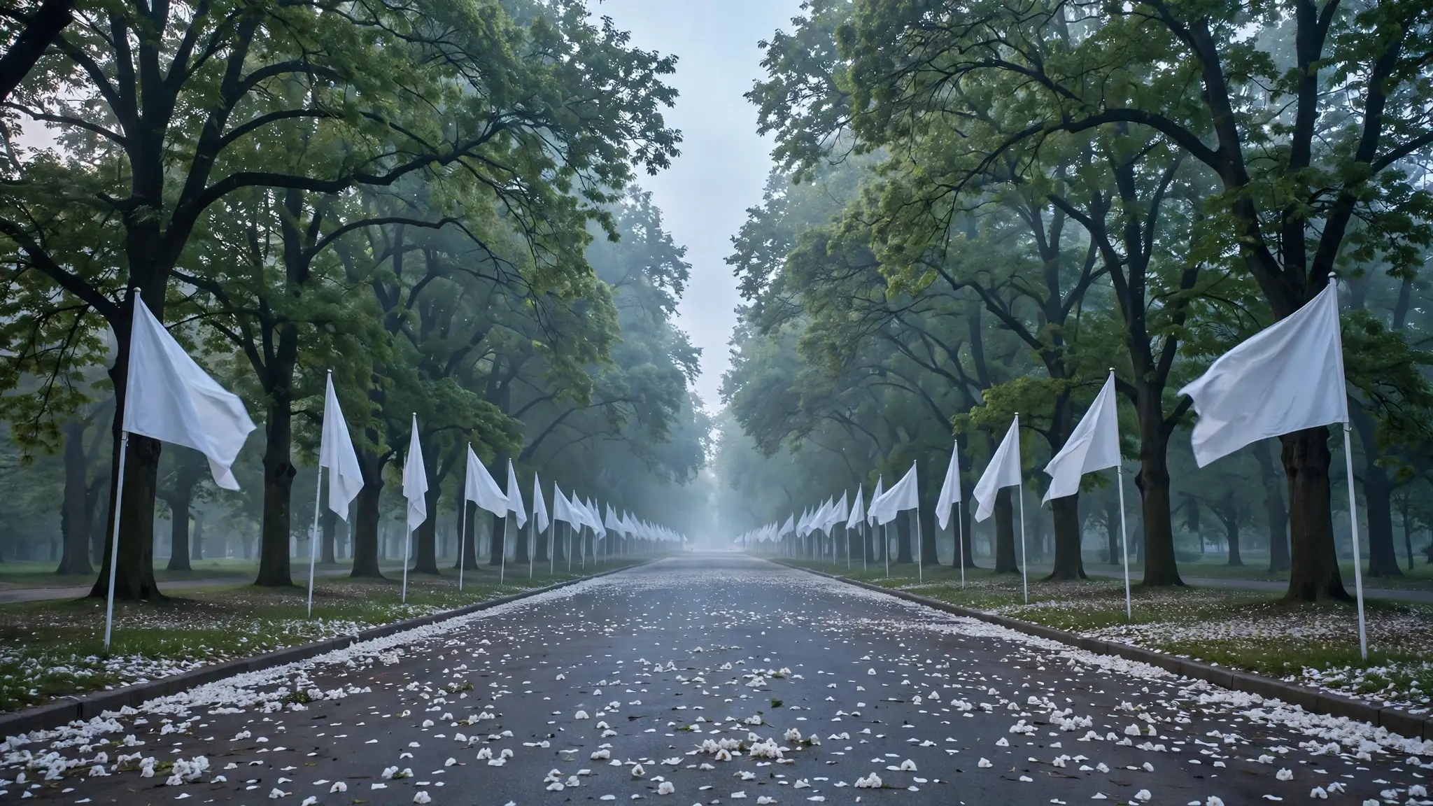Avenida arbolada vacía al amanecer con banderas blancas ondeando y pétalos en el suelo, sin personas, sin texto