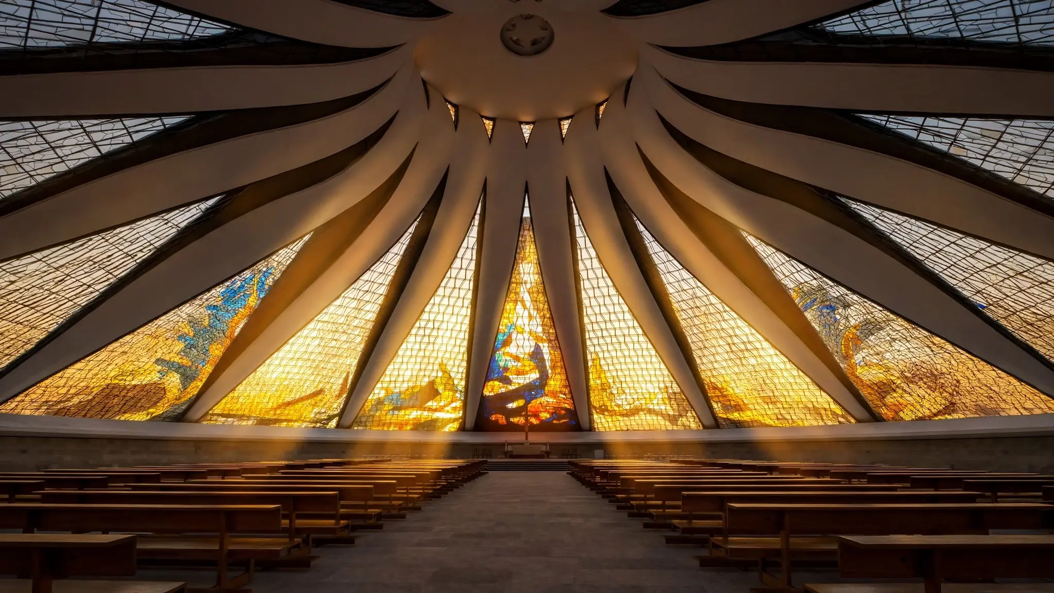 Igreja moderna vazia em Brasília ao entardecer, com luz dourada entrando pelas janelas altas sobre fileiras de cadeiras vazias, sem pessoas, sem texto