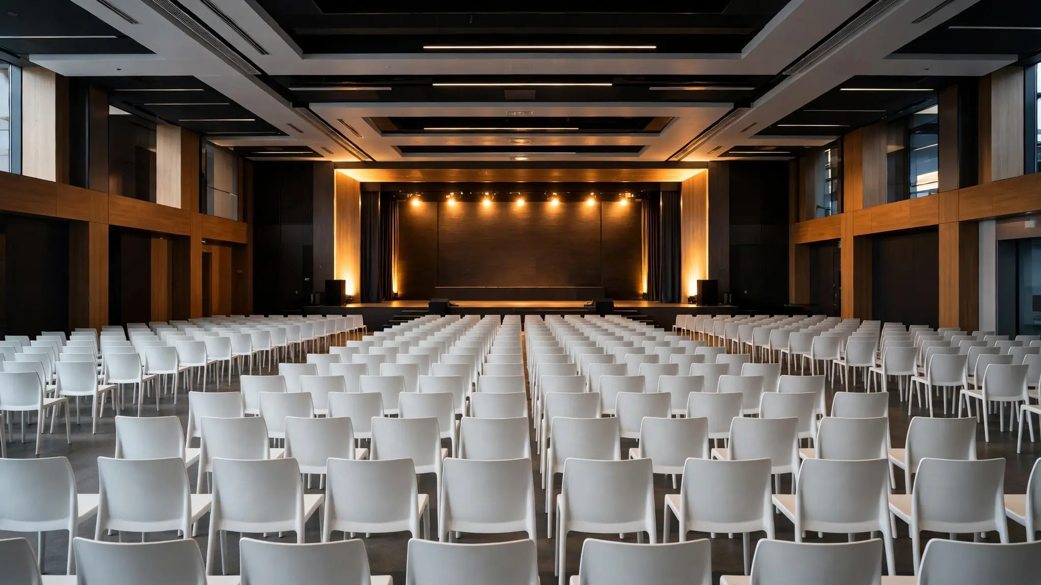 Grande salle de conférence vide à Ouagadougou avec des rangées de chaises blanches et une scène éclairée d'une lumière chaude, sans personnes, sans texte