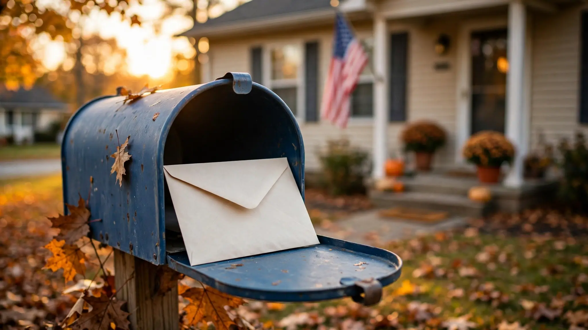 A sealed mail-in ballot envelope resting in an open mailbox outside a suburban American home at golden hour, no people visible