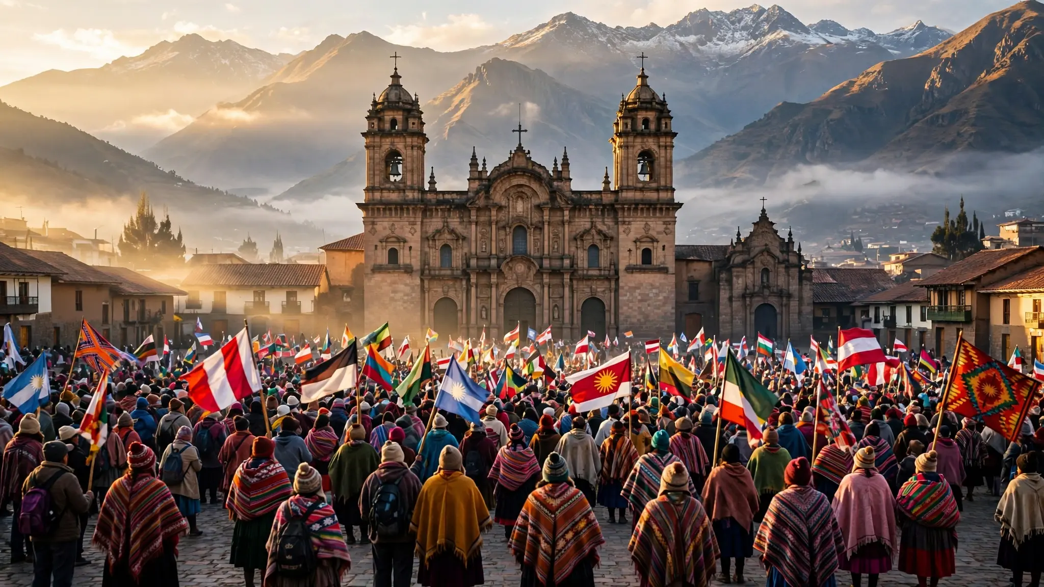 A grand South American colonial cathedral plaza at sunrise crowded with pilgrims, golden light, mountains in the distance
