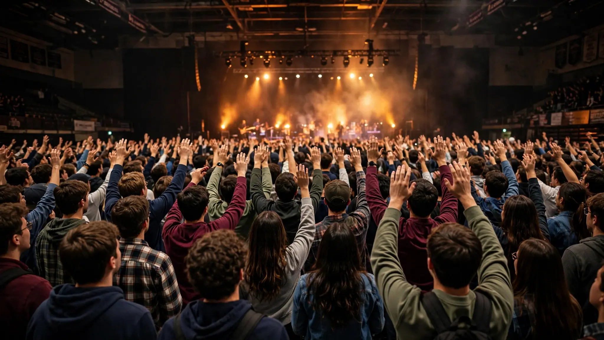 A large crowd of young college students worshipping with raised hands inside a university arena at night under warm stage lights