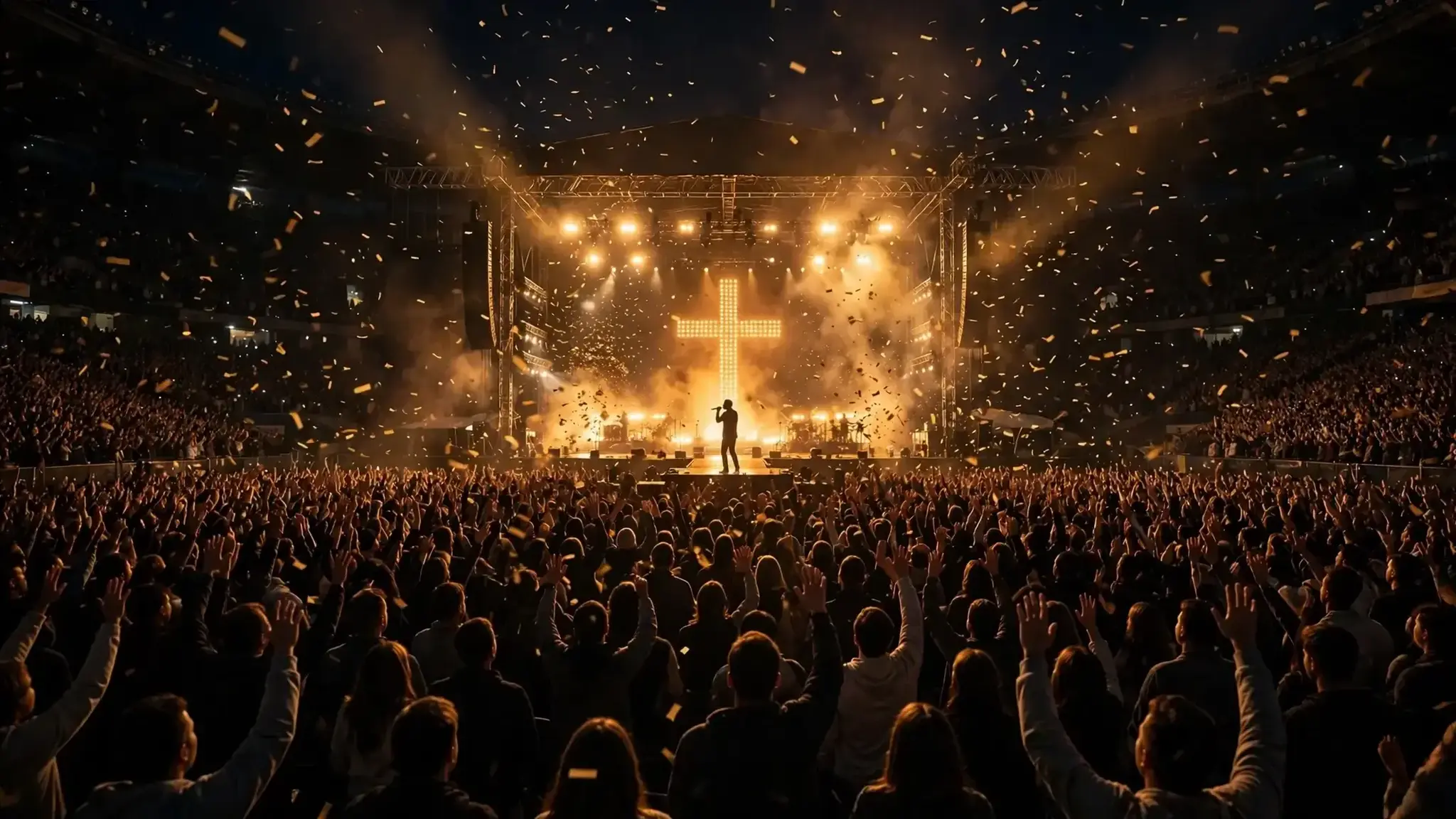 A Christian music concert in a packed stadium at night, a singer silhouetted on a brightly lit stage, huge crowd with raised hands