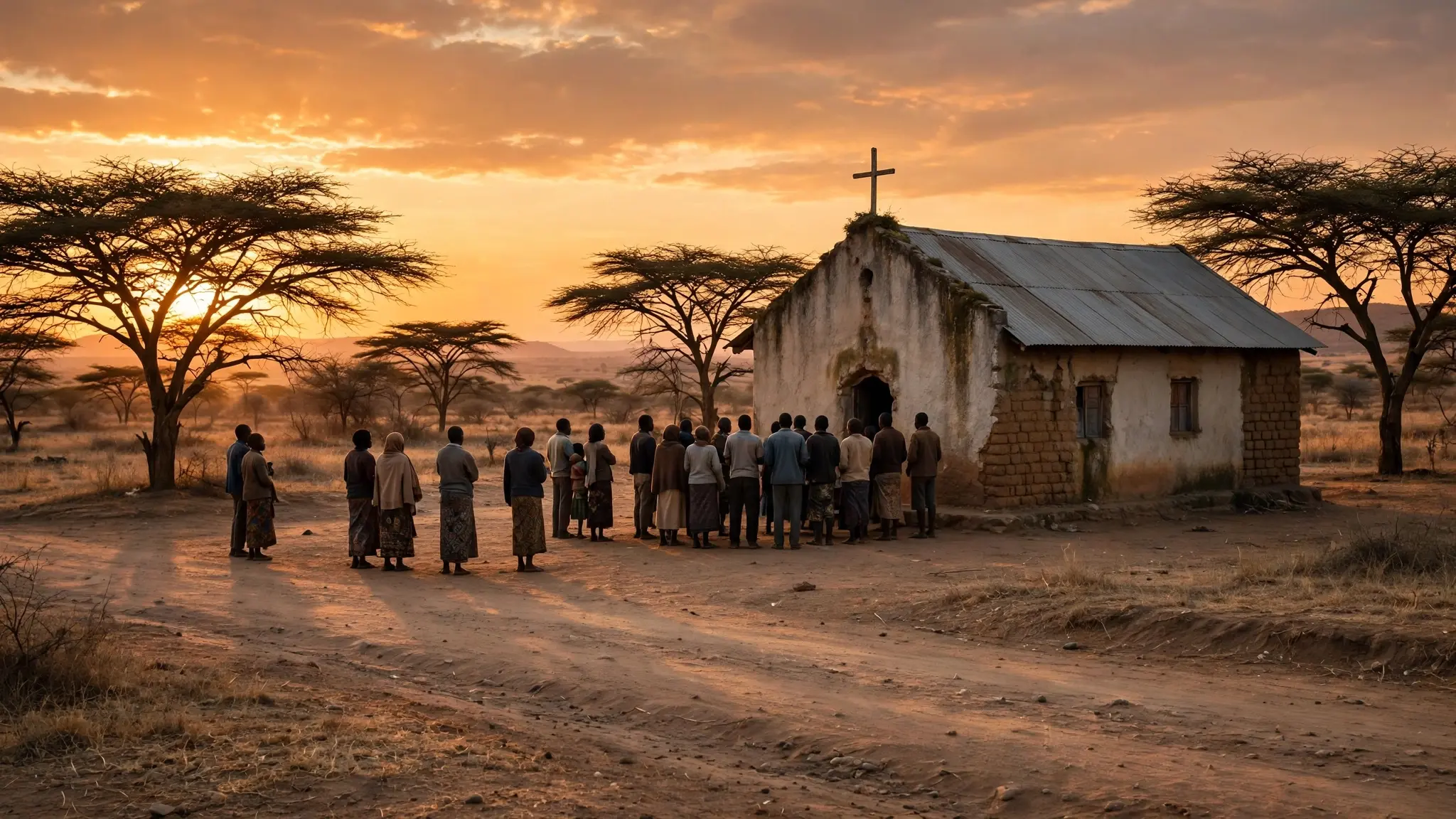 A small rural African church building at sunset with a congregation gathering outside, acacia trees and a dusty road