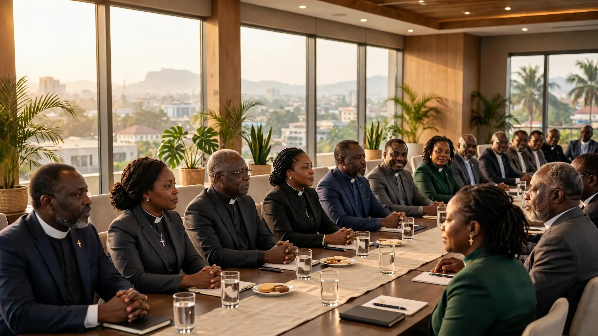 Christian church leaders seated together in a bright conference hall in Abuja, Nigeria, during a peace meeting