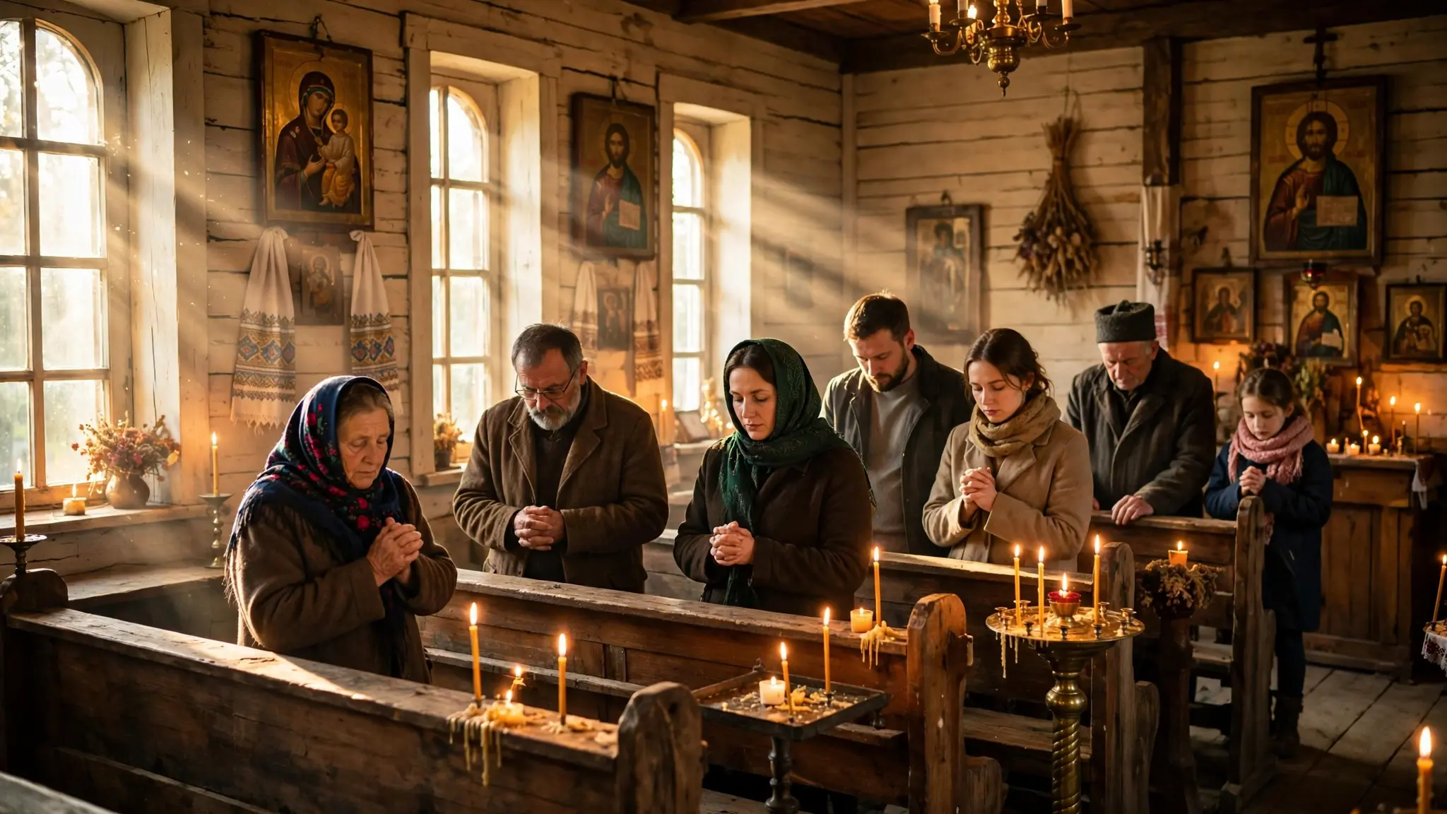 A small Ukrainian church congregation worshipping by candlelight inside a modest church