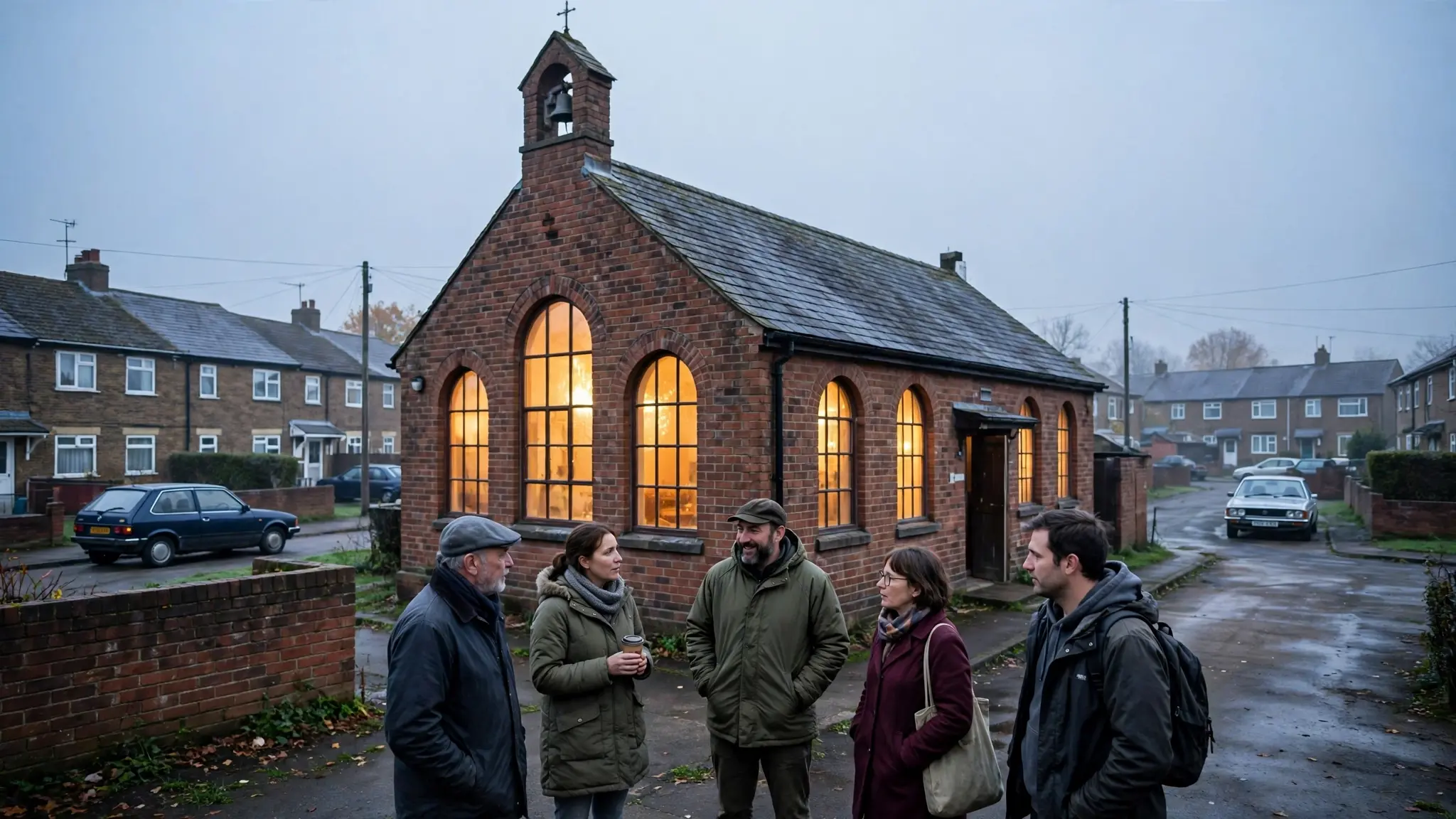 A modest brick community church on a northern English housing estate at dawn with warm lights glowing in its windows