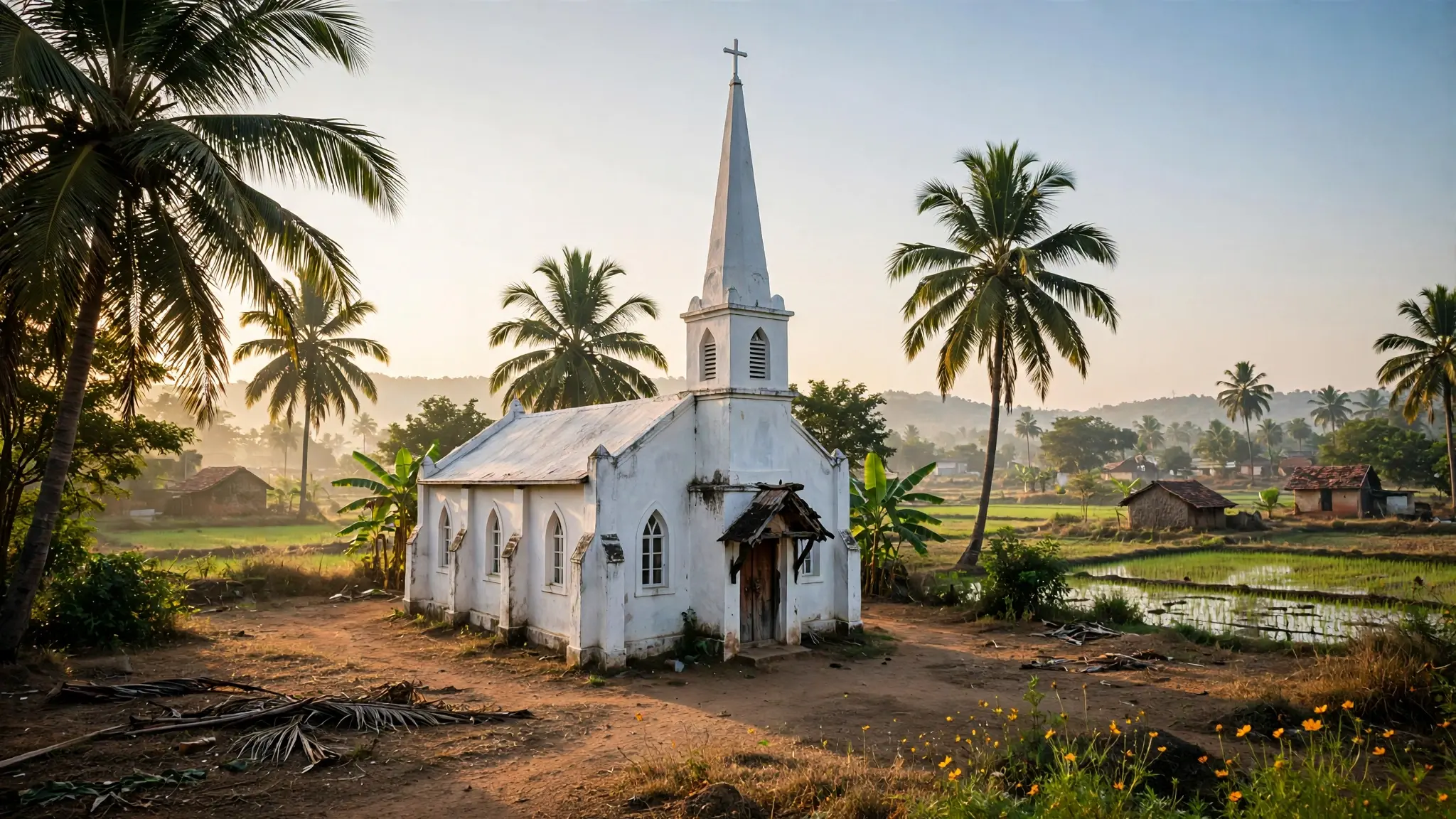 A small white village church with a tall slender spire in rural Tamil Nadu, India, in warm morning light