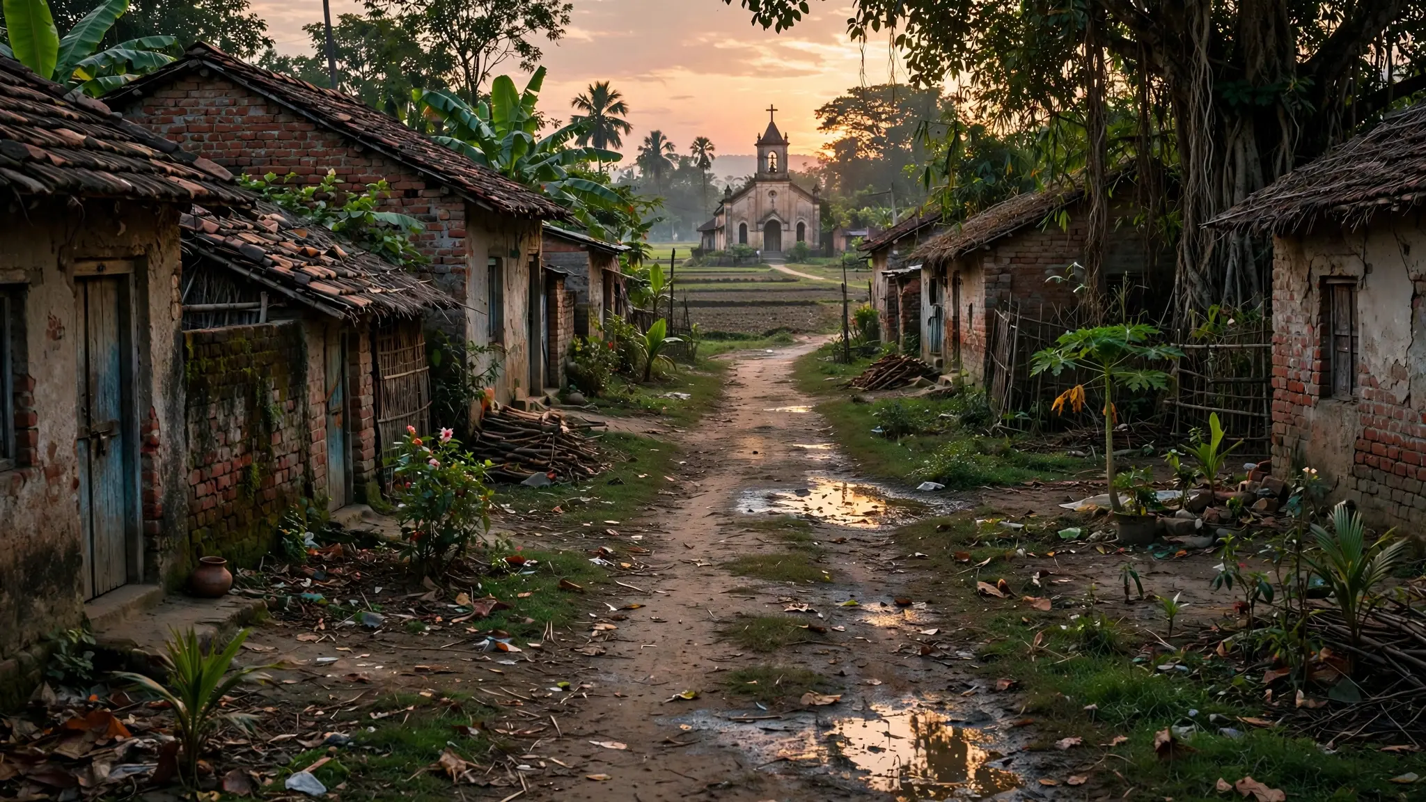 A quiet rural village lane in West Bengal, India, at dusk, with modest brick homes