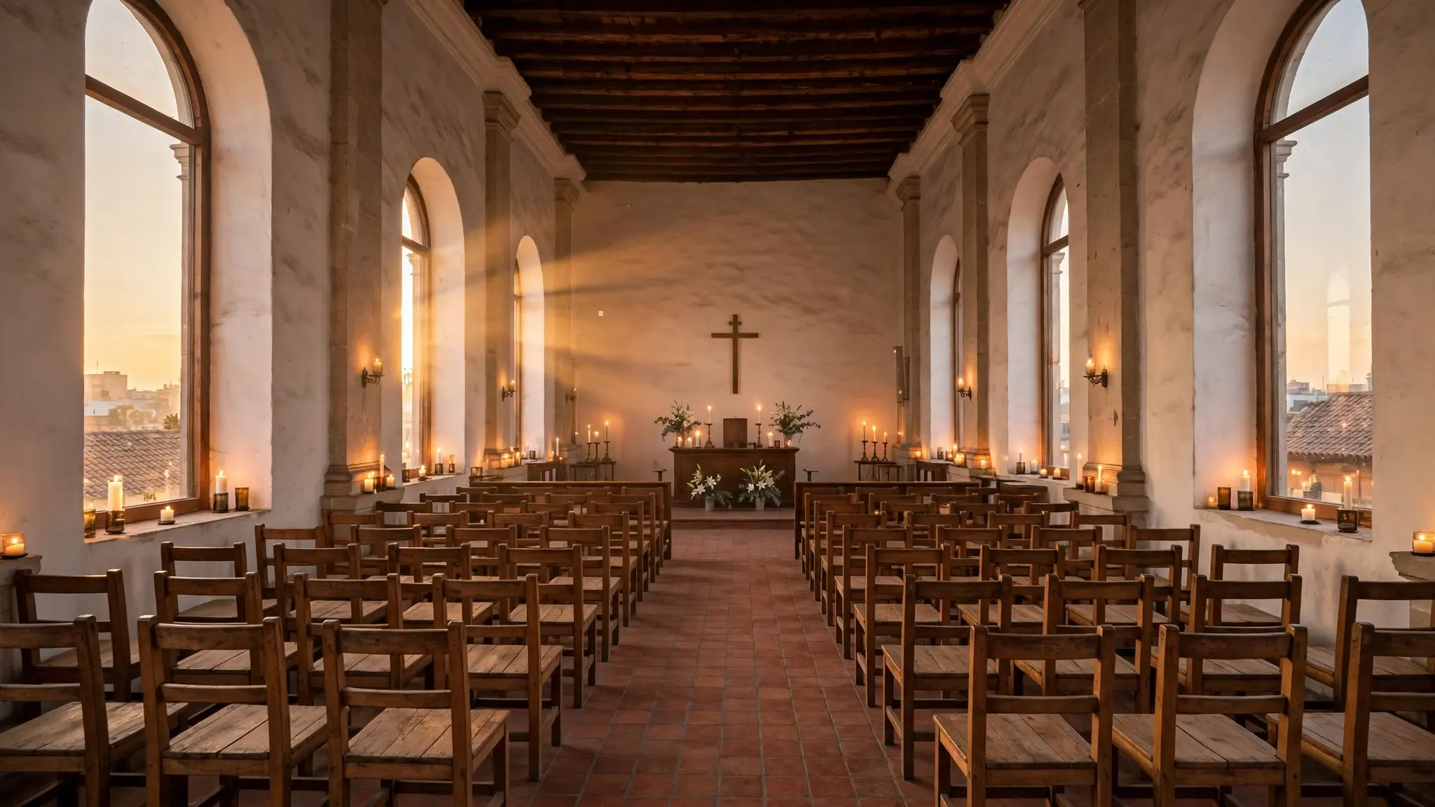 Interior silencioso de una capilla con sillas vacías y velas encendidas, sin personas
