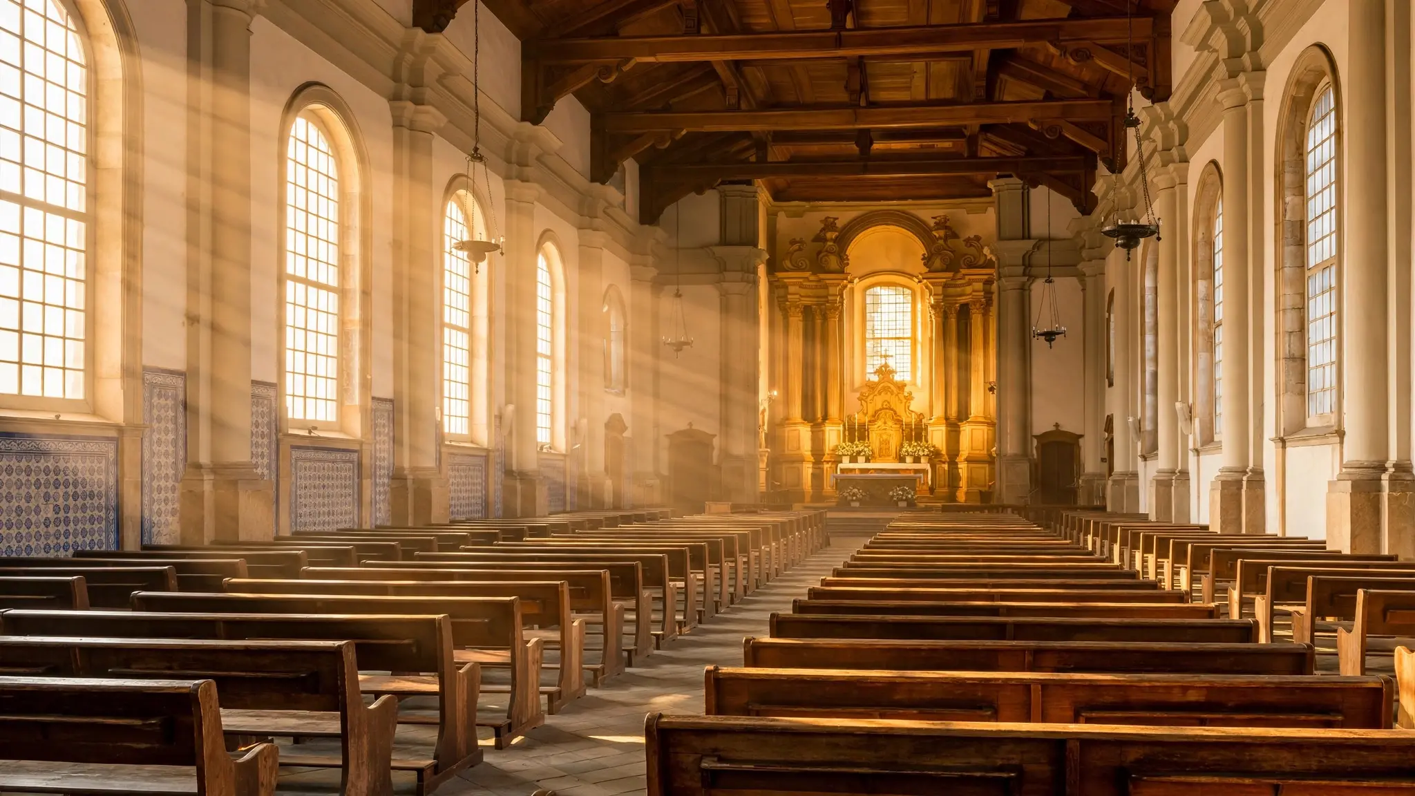 Interior amplo de uma igreja brasileira com bancos vazios e luz do sol entrando pelas janelas, sem pessoas