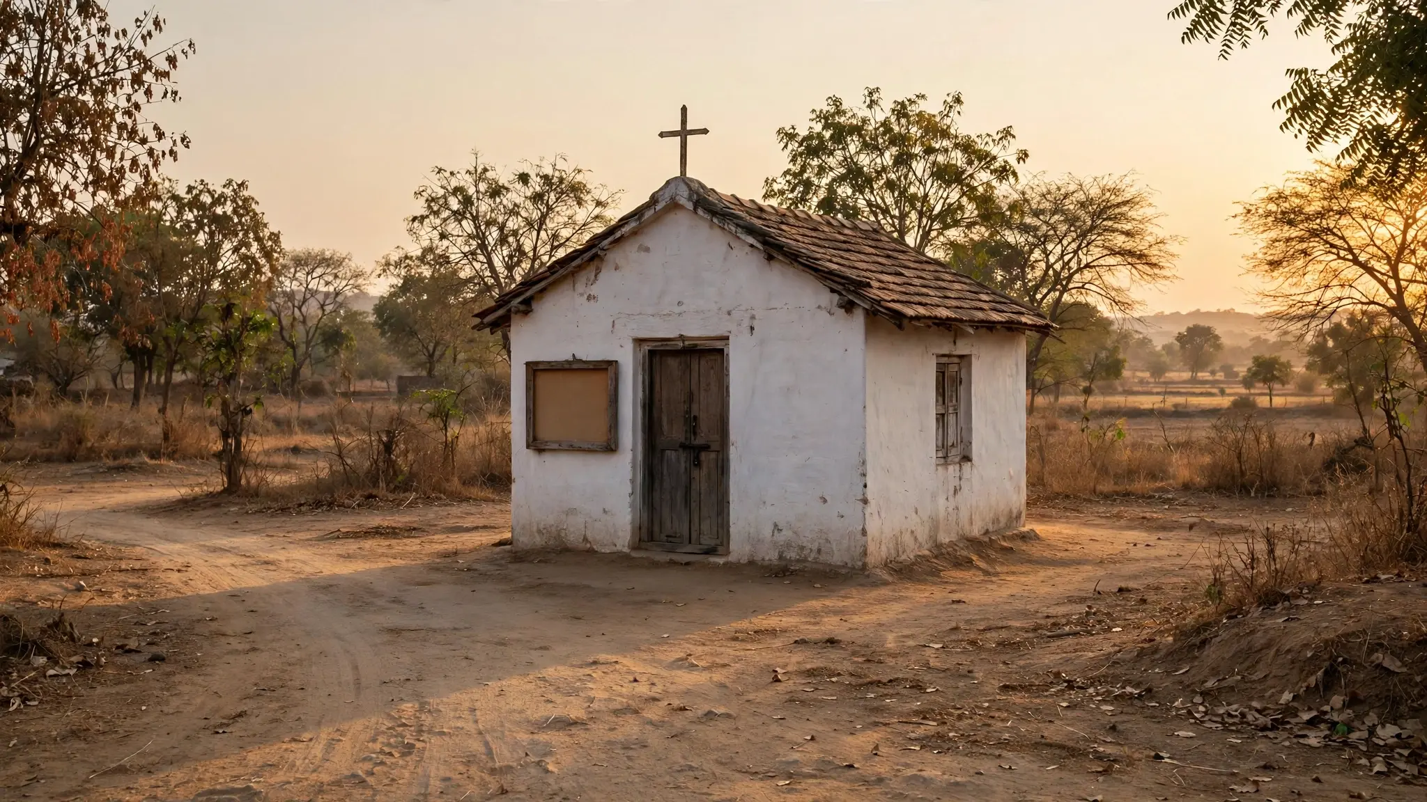 मध्य भारत में सुनहरी शाम की रोशनी में एक छोटा ग्रामीण चर्च, दरवाज़े के पास खाली नोटिस बोर्ड, कोई व्यक्ति नहीं