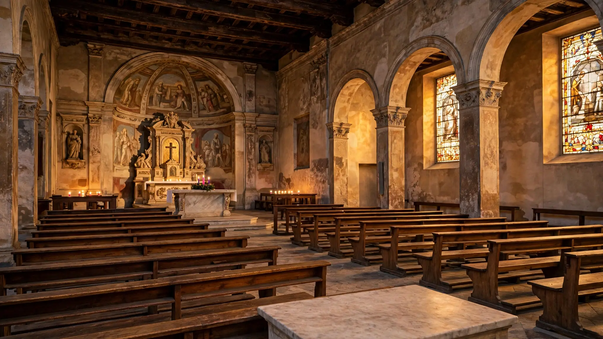 Intérieur d'une église paroissiale romaine à l'Avent, couronne de l'Avent et bougies près de l'autel, bancs vides, sans personnes