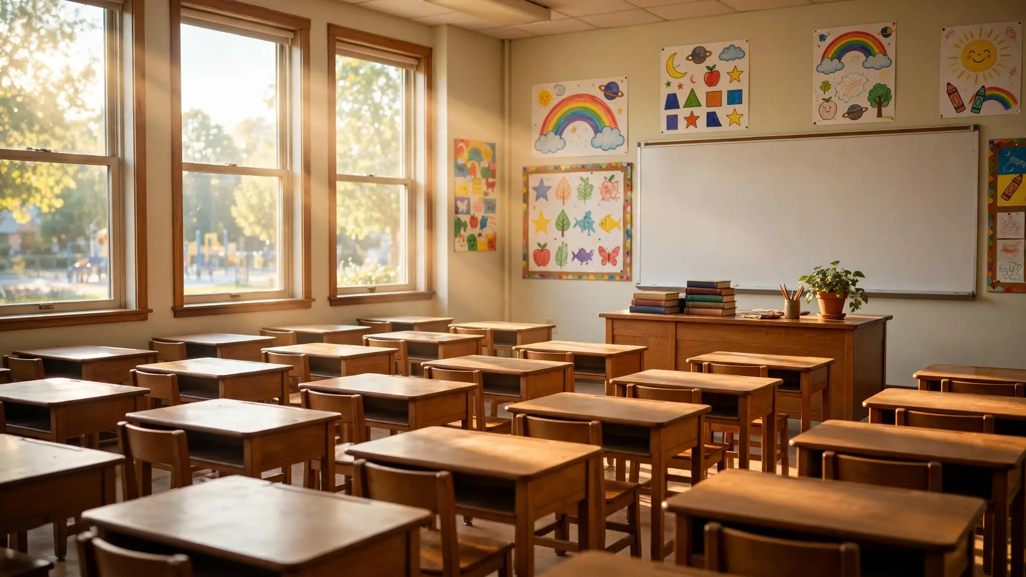 A bright American elementary school classroom with empty wooden desks, sunlight through large windows, and a teacher's desk at the front
