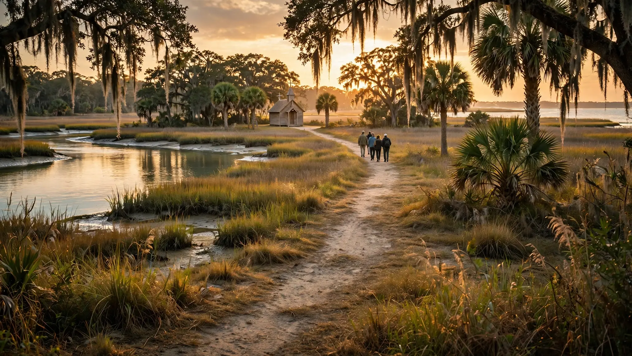 A quiet coastal island shoreline in Georgia at golden hour, with palm trees, dirt paths and a simple wooden chapel in the distance