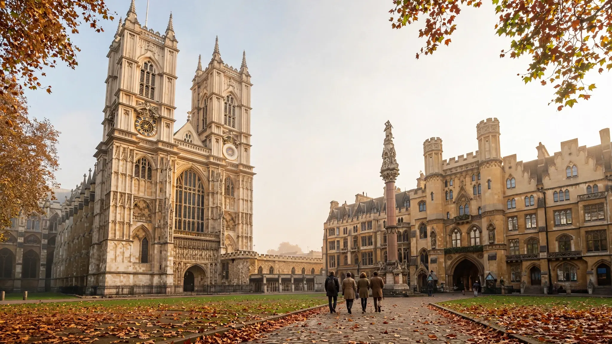 Westminster Abbey and Church House in London on a crisp autumn morning, with people walking toward the entrance