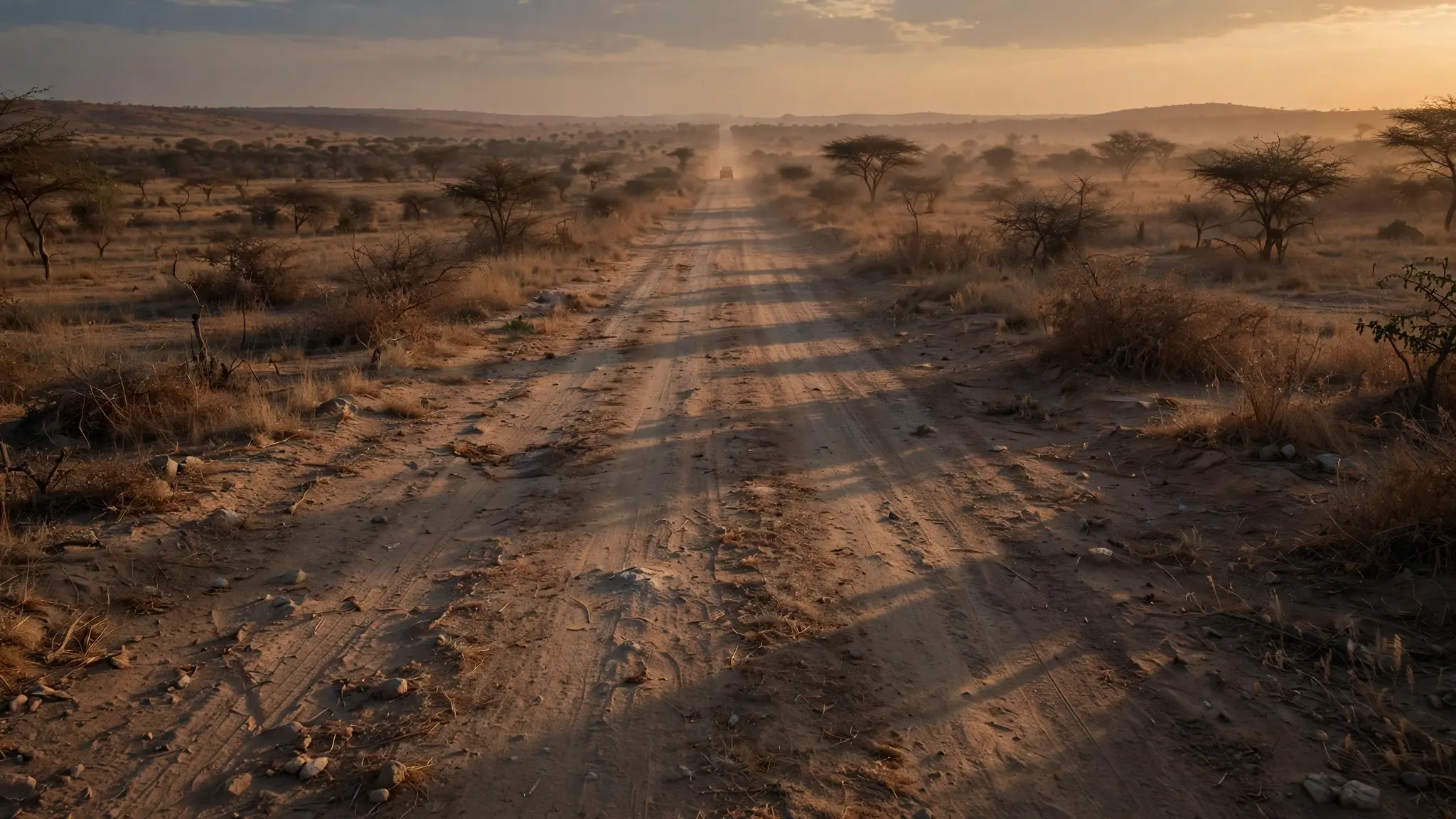A dusty rural road in northern Nigeria at dusk, with a lone vehicle in the distance and dry scrubland on both sides
