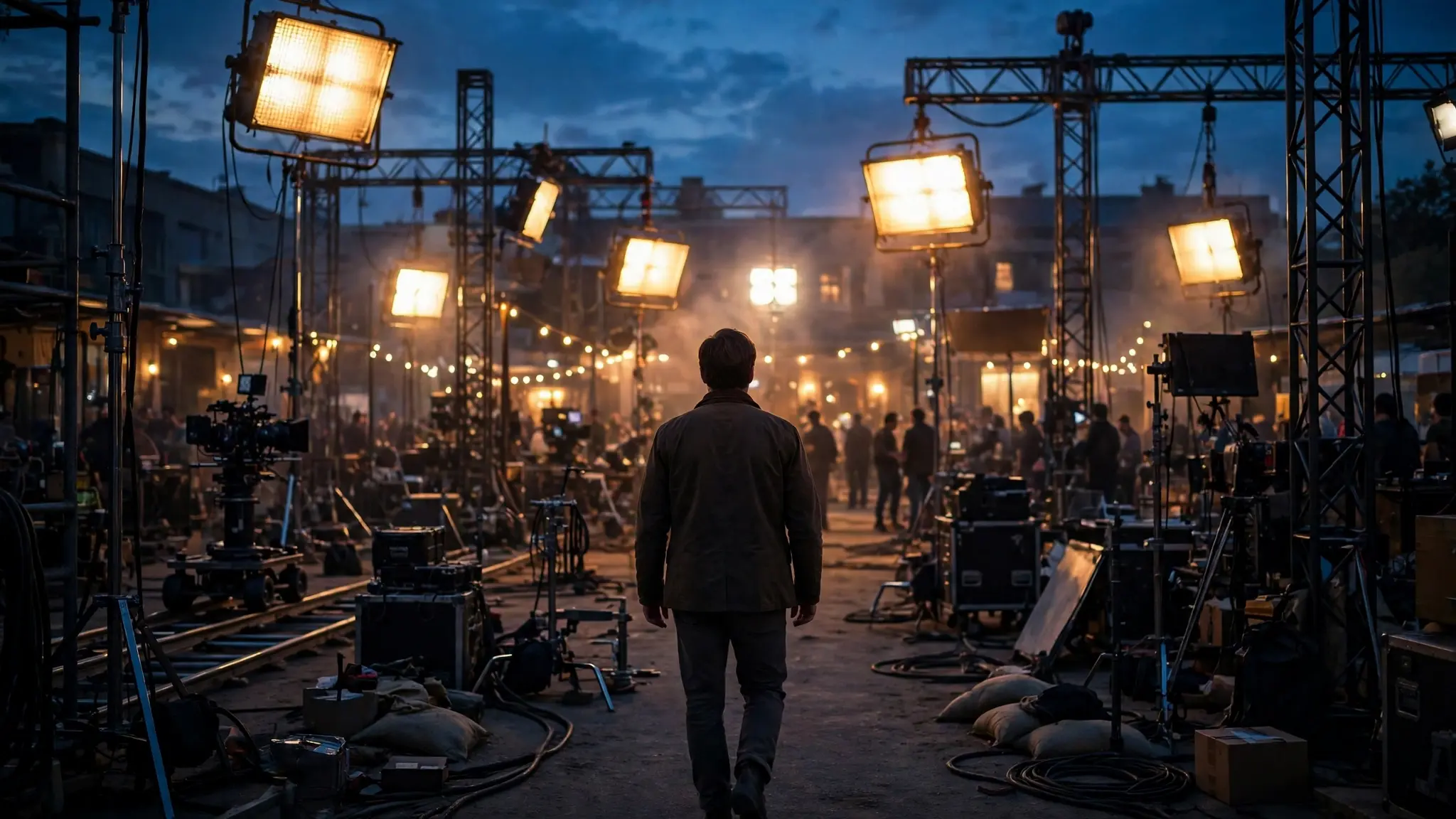 A film set at dusk with cameras, lights and crew silhouettes in the distance, and an actor walking away from the camera toward the set