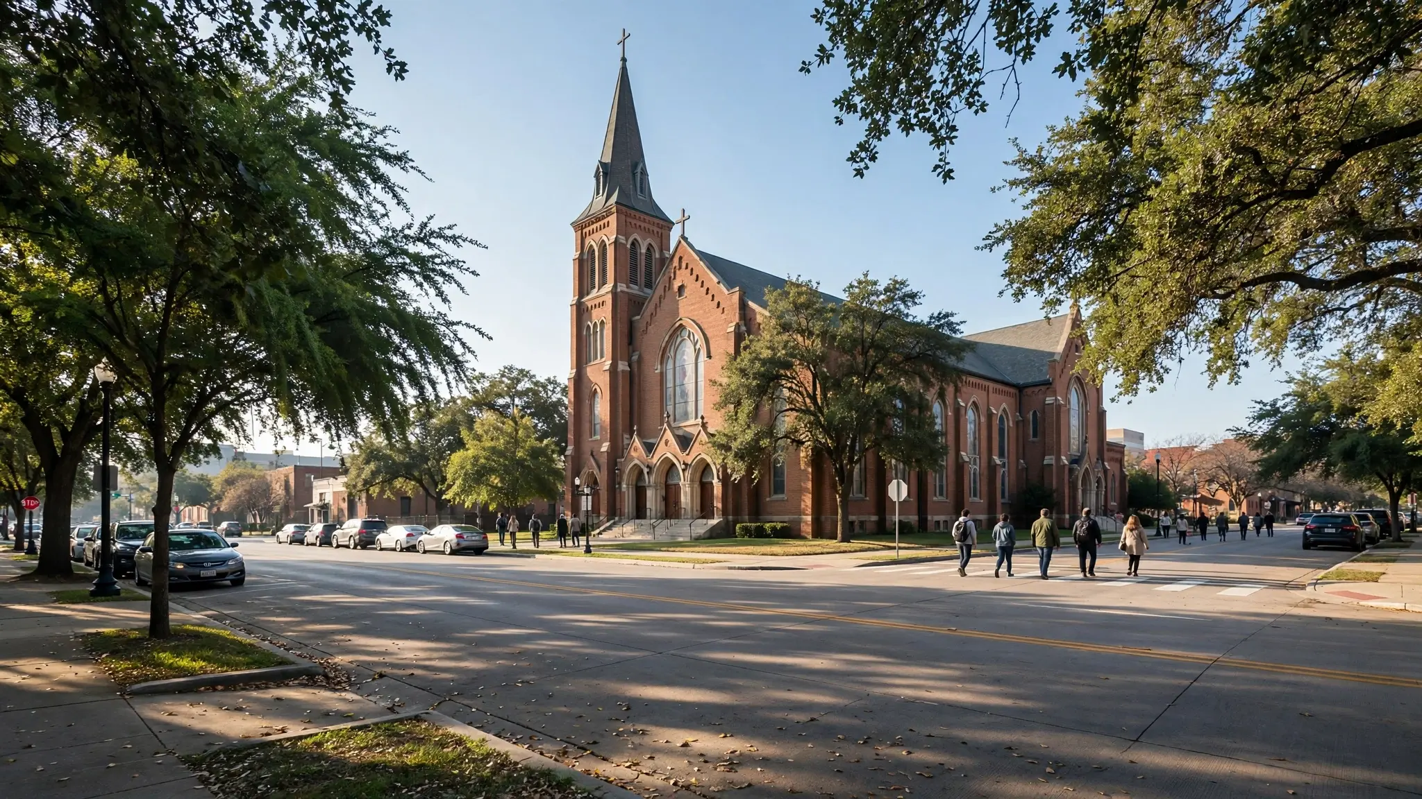 A large brick Methodist church building in Dallas, Texas, seen from across a quiet street on a bright morning, with people walking toward the entrance