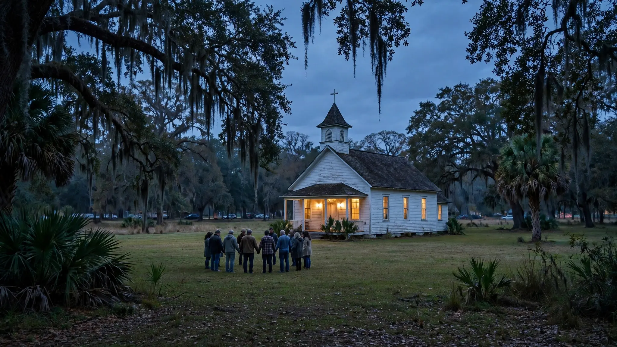 A small Baptist church in Tallahassee, Florida, at dusk with warm light in the windows and people holding hands in prayer outside the entrance