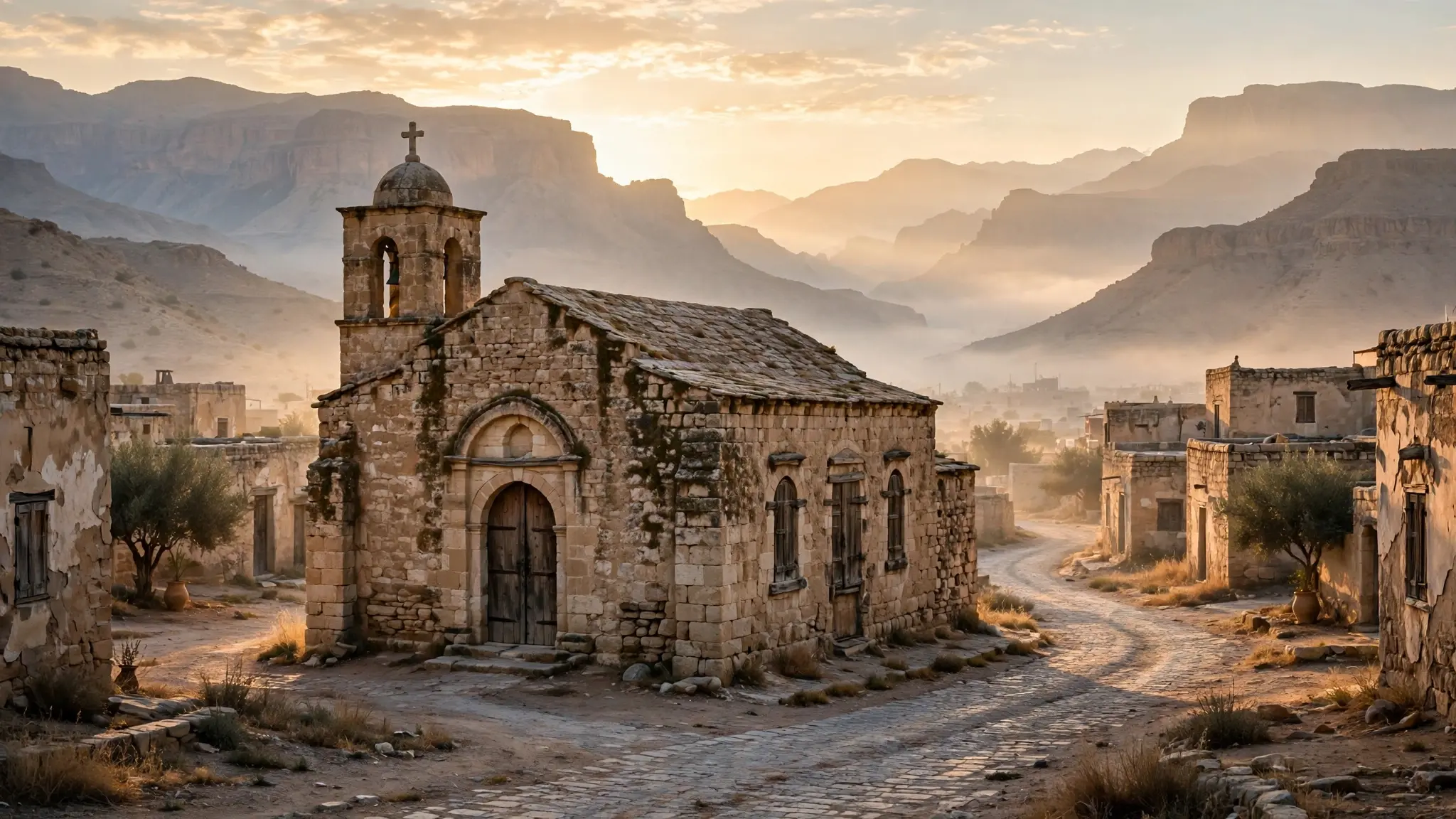 An ancient stone church in the Middle East at sunrise with empty streets around it and mountains in the distance