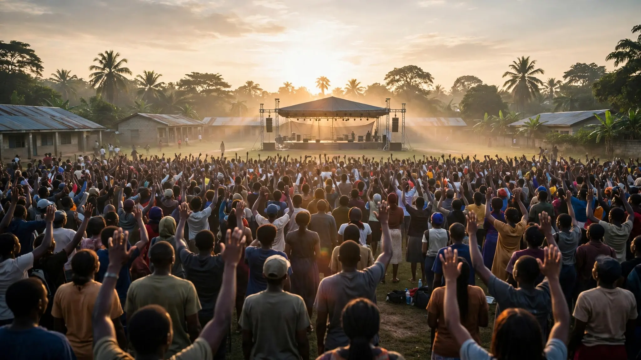 A large open-air worship gathering in southern Nigeria at dawn with raised hands, a stage in the distance and crowds filling a school field