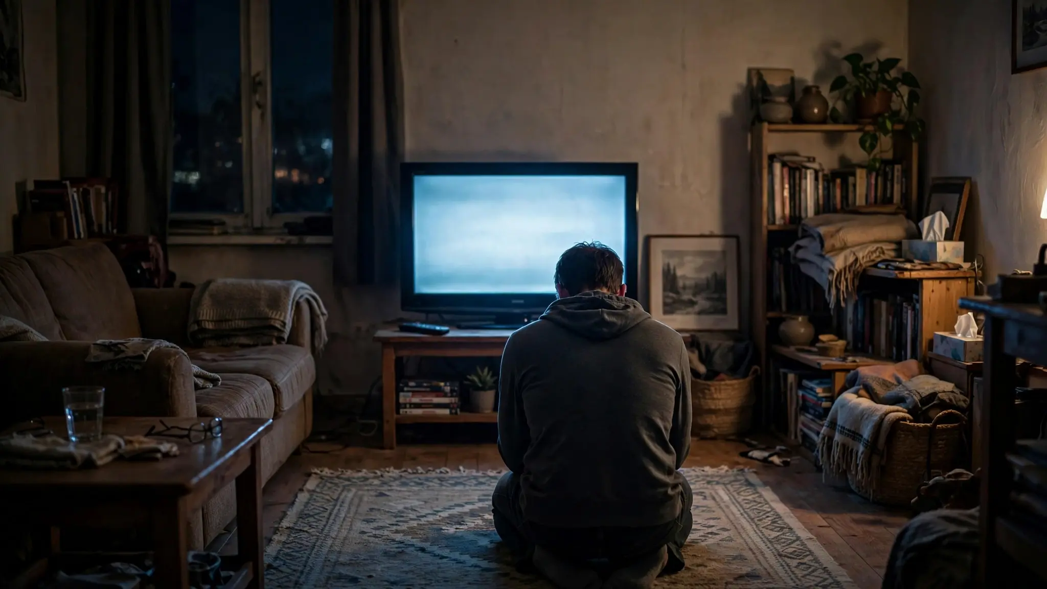 A man praying alone in a modest living room at night, a television glowing in front of him, his hands clasped and head bowed