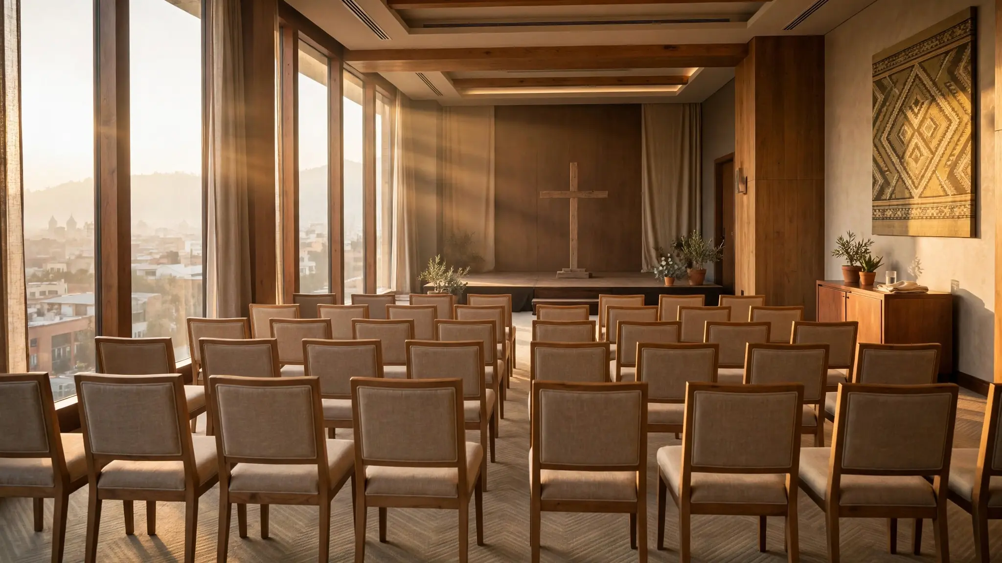 Sala de conferencias en Lima con sillas vacías, luz cálida y una cruz sencilla al fondo, sin personas