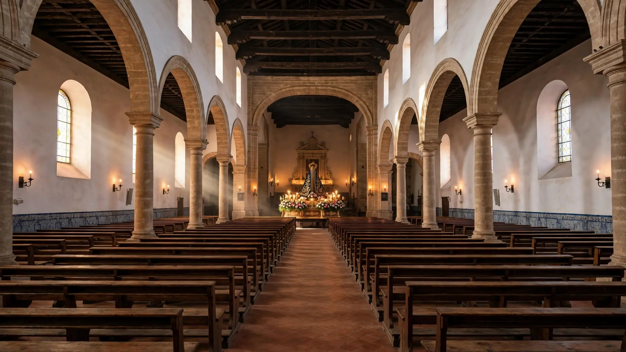 Interior de una iglesia andaluza con bancos vacíos, luz suave y un paso de Semana Santa al fondo, sin personas