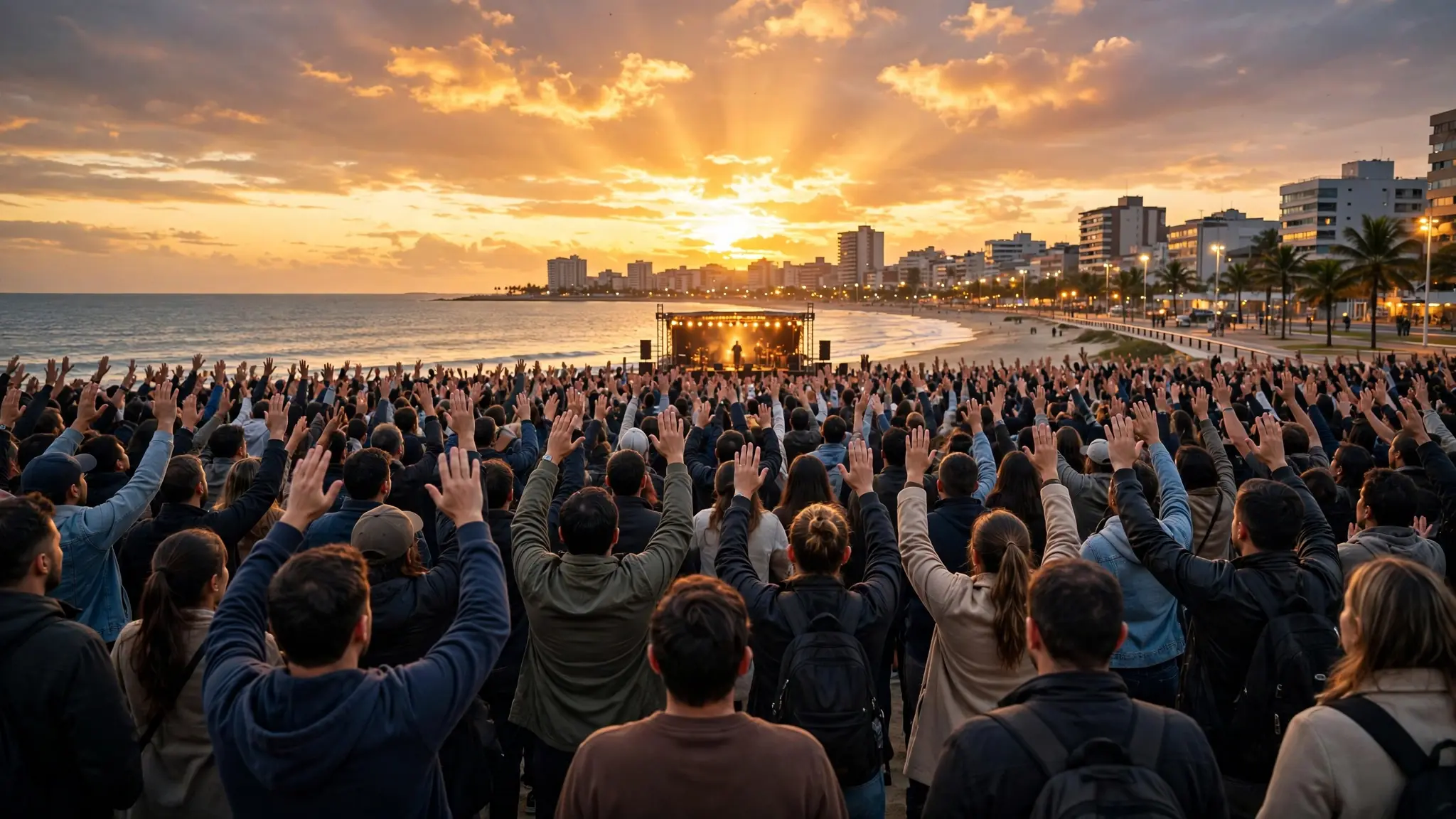 Multidão de fiéis de costas ao entardecer em uma praia urbana, mãos erguidas em oração diante de um palco distante, sem texto