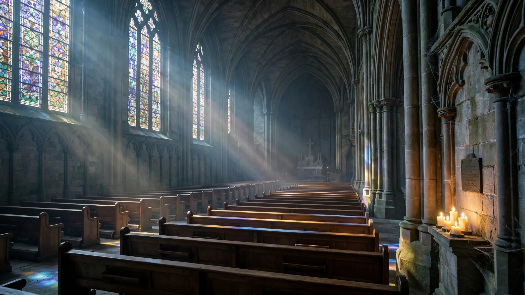 Intérieur paisible d'une basilique néogothique au matin, bancs vides, cierges allumés près d'une plaque commémorative, sans personnes