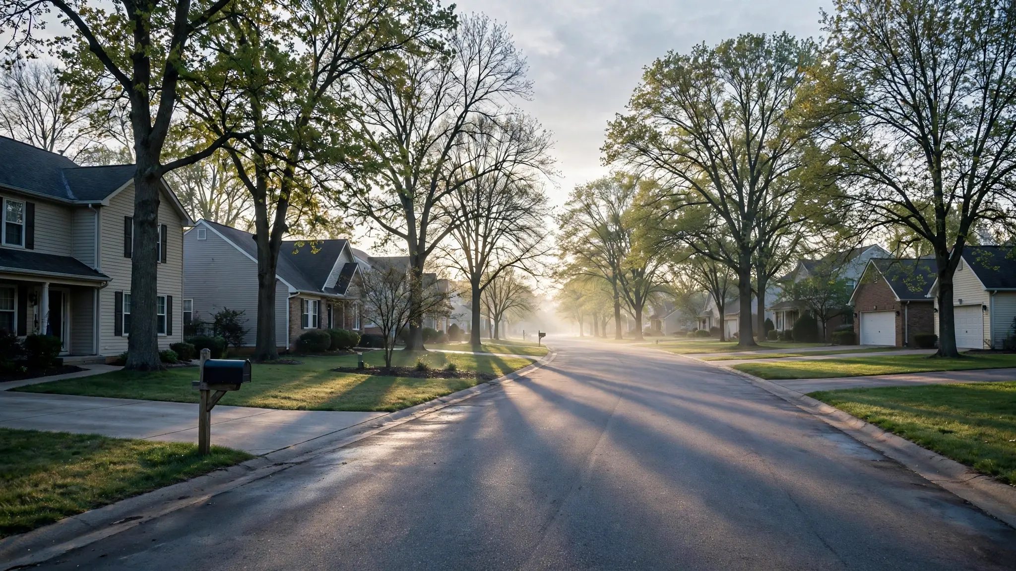 A quiet suburban Illinois residential street at dawn with mailboxes, trees and houses, empty and still