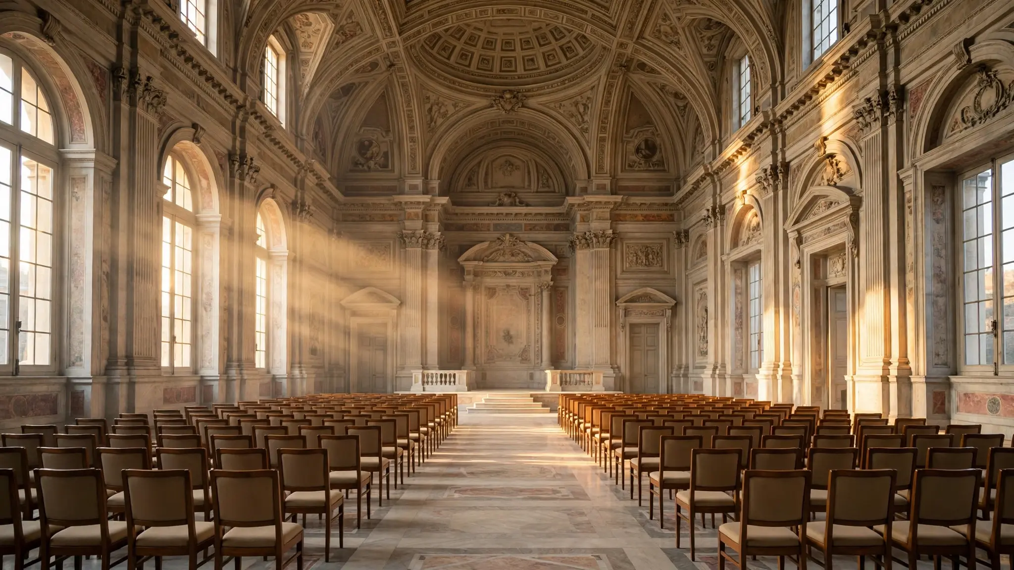 An empty grand Vatican-style hall with rows of empty chairs in soft light, no people