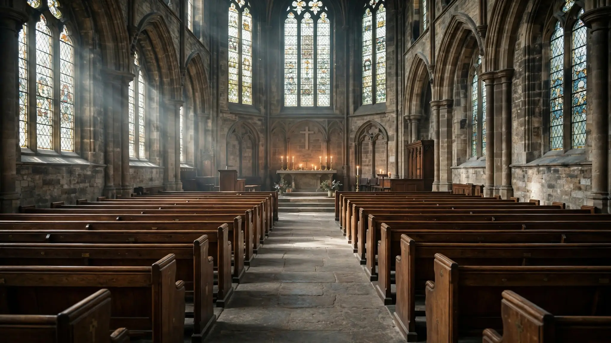 An empty London parish church interior with wooden pews and candles in soft light, no people